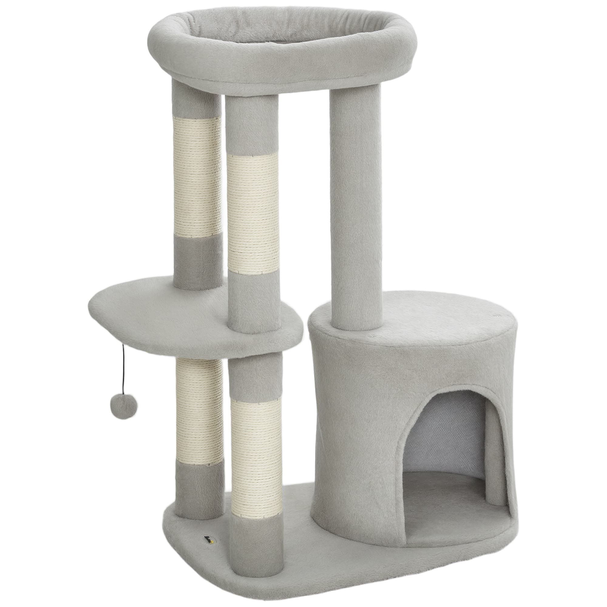 PawHut Arbre à chat tour de jeux pour chats griffoirs, plate-forme, niche, balle, tissu peluche, 60 x 45 x 90 cm, gris clair