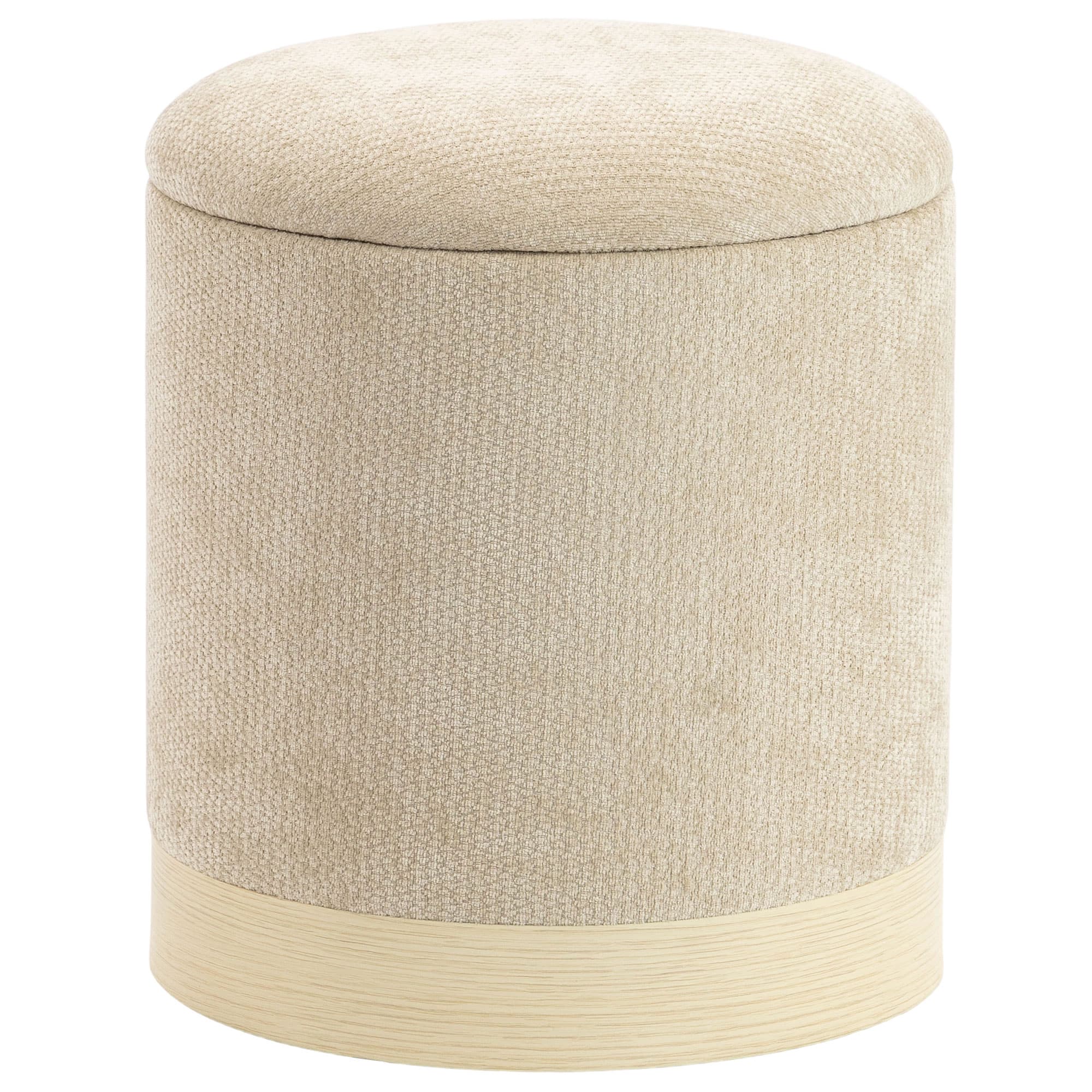 HOMCOM Pouf coffre rangement, tabouret rond en chenille, pouf repose-pieds avec base en métal effet bois, beige