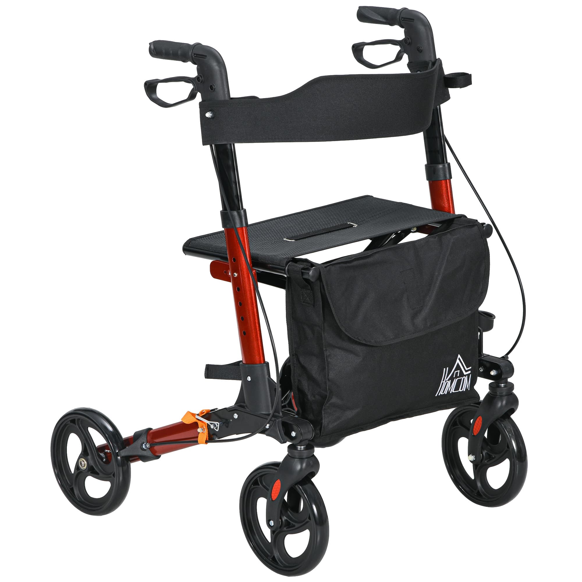 HOMCOM Déambulateur 4 Roues Pliable en Aluminium, Hauteur Réglable 6 Positions, Freins Doubles, Rangement, 64x67x92cm, Rouge