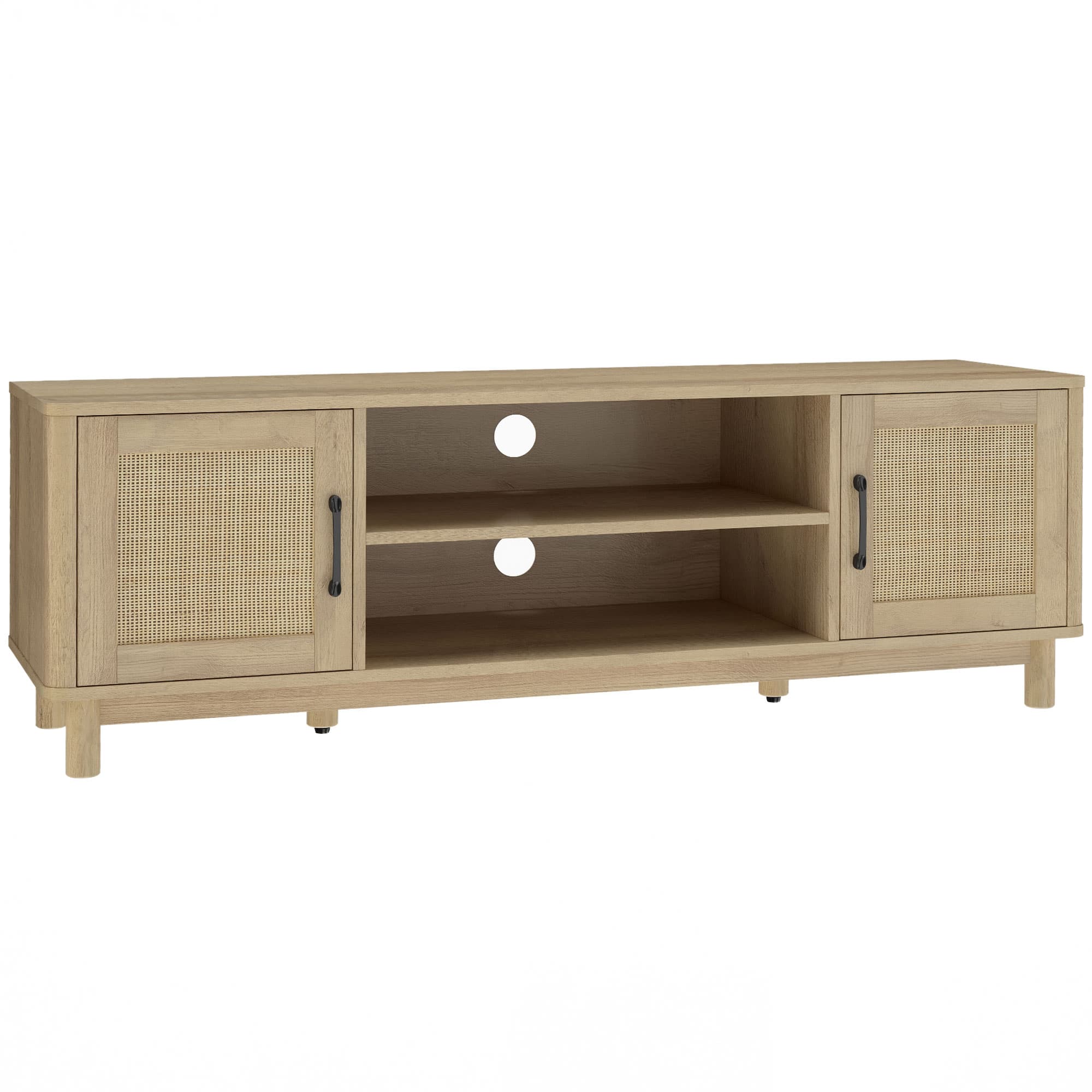HOMCOM Meuble TV 135 cm, meuble télé pour téléviseur jusqu'à 65 pouces avec 2 portes en rotin, 2 compartiments ouverts, chêne