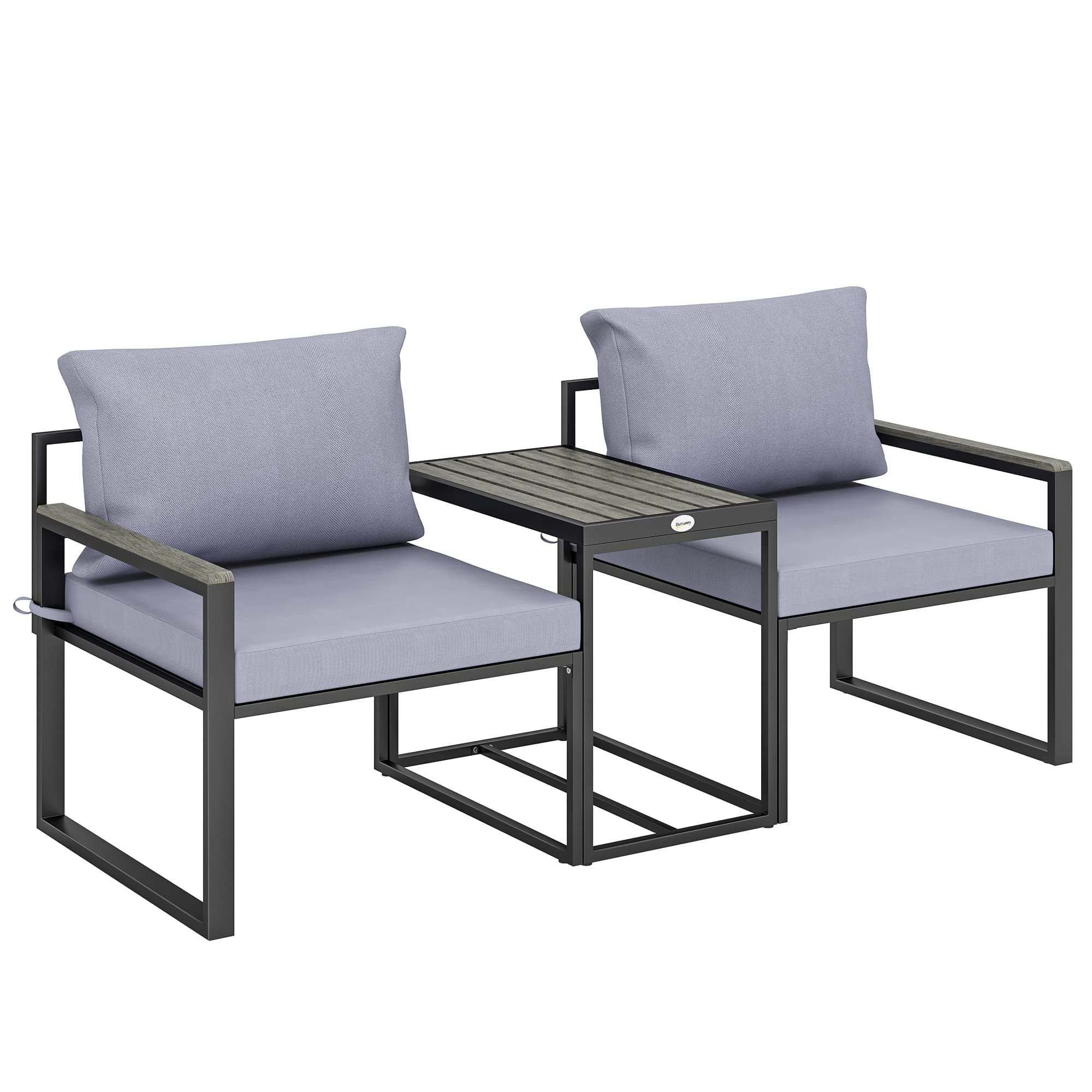Outsunny Salon de jardin 3 pièces coussins 14cm et accoudoirs en composite bois-plastique 2 fauteuils et table d'appoint gris