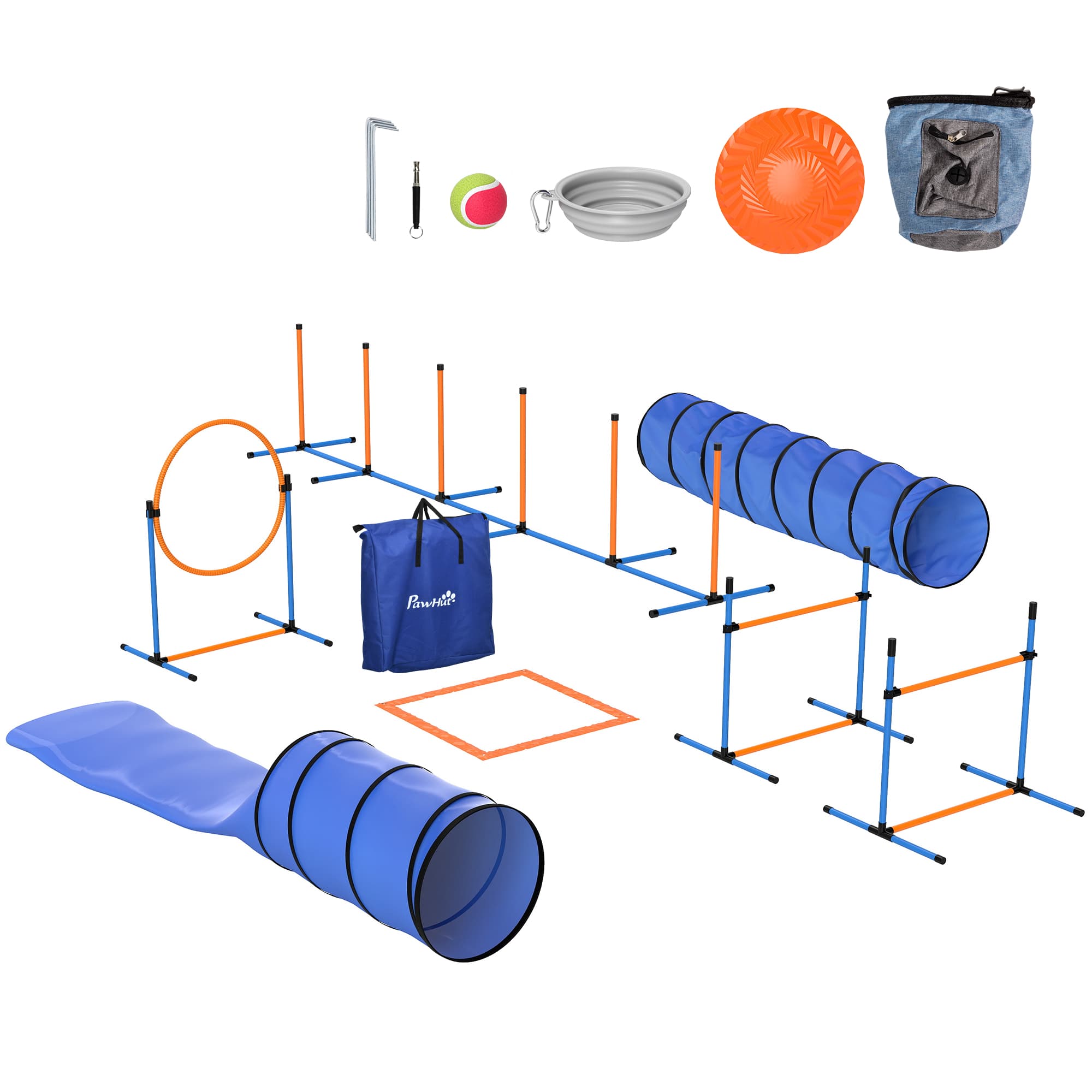 PawHut Ensemble d'Agilité pour Chien 11 Pièces, Parcours d'Obstacle avec 2 Tunnels, Sauts Ajustables, Orange et Bleu