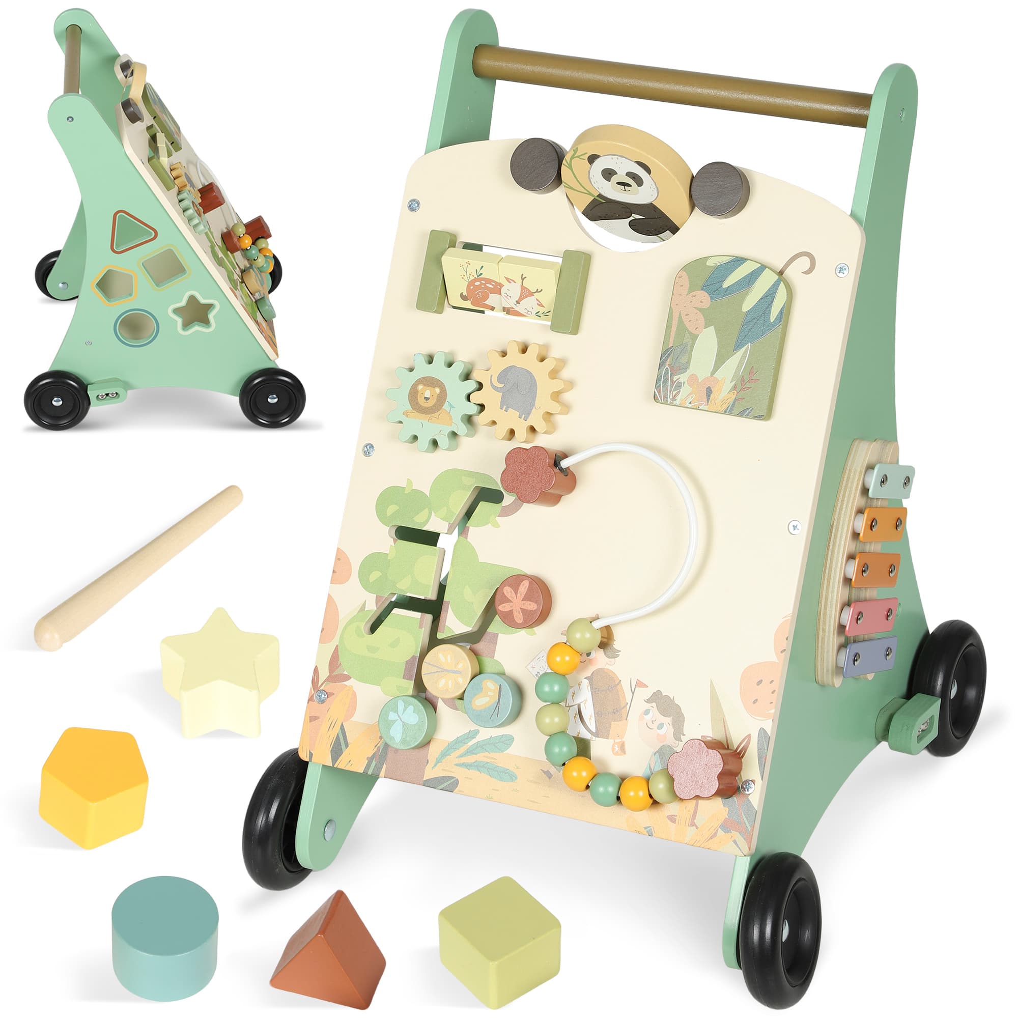 AIYAPLAY Trotteur en bois pour bébé 18+ mois, chariot de marche, contrôle de vitesse, centre d'activités, 33,5x36x46,8cm, vert