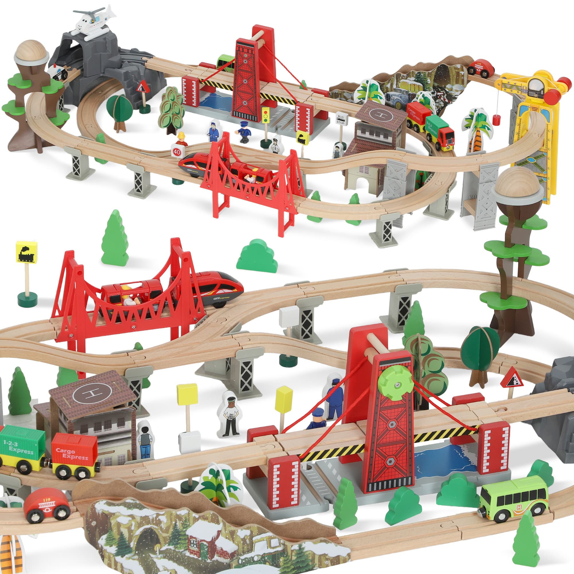 AIYAPLAY Set de Train en Bois pour Enfants, 100 Pièces, Jouets Ferroviaire Magnétique avec Grue, Pont, Hélicoptère, Multicolore