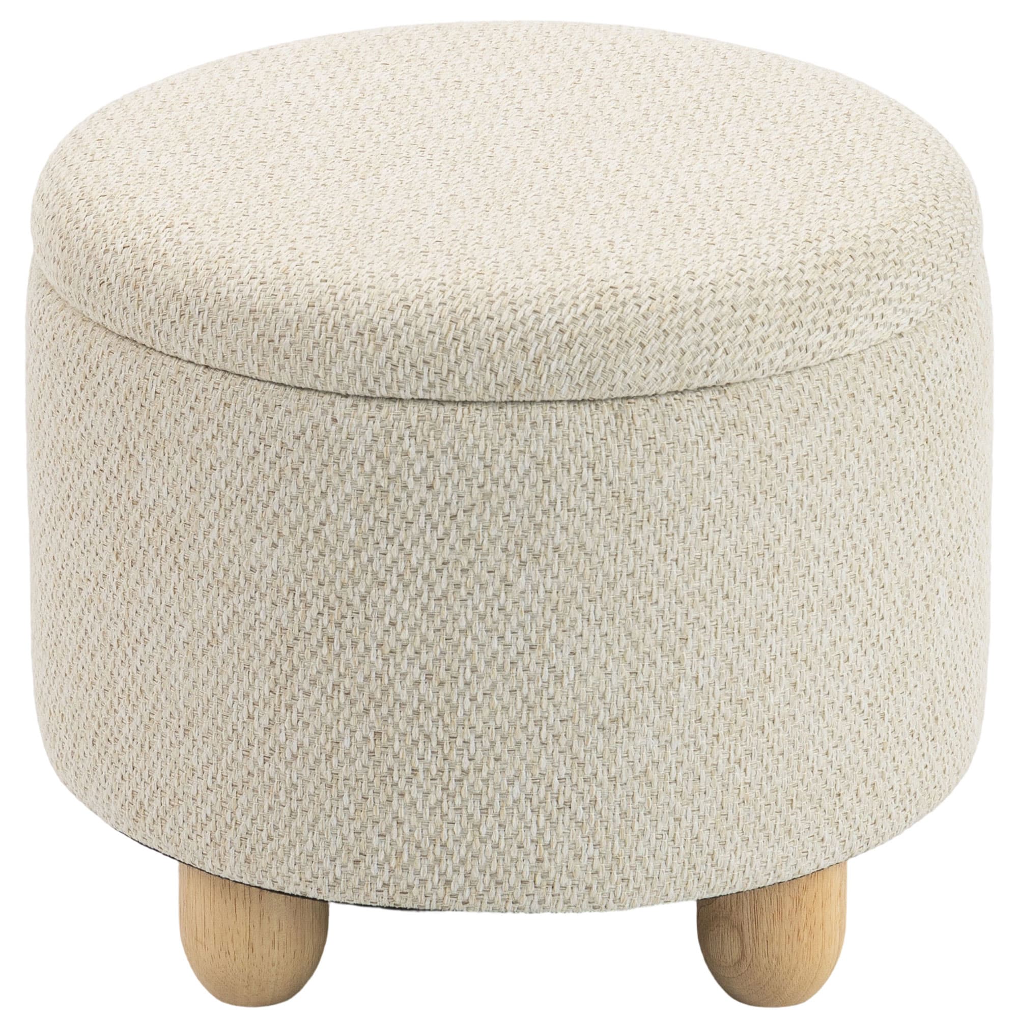 HOMCOM Pouf Coffre de Rangement Rond en Toile de Jute, Repose-pieds avec Couvercle, Pieds Bois Hévéa, Beige