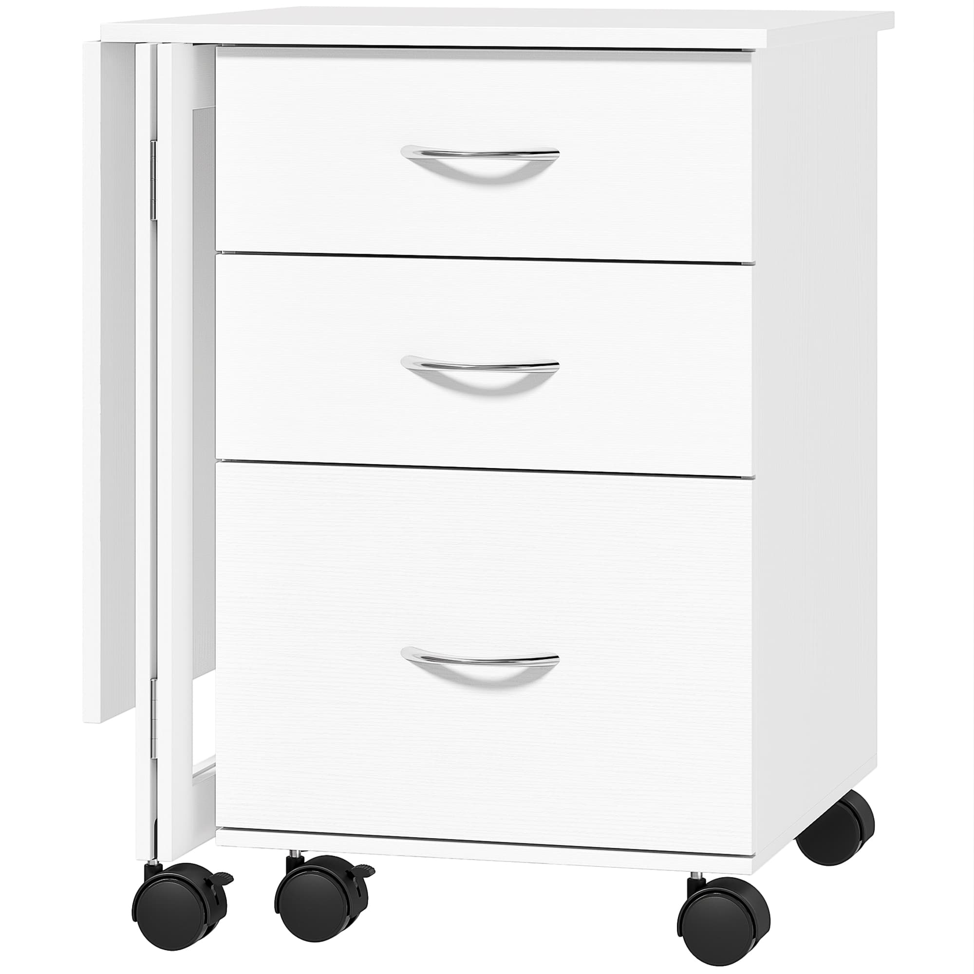 HOMCOM Bureau de travail rabattable avec 3 tiroirs, 4 roulettes avec frein, Blanc