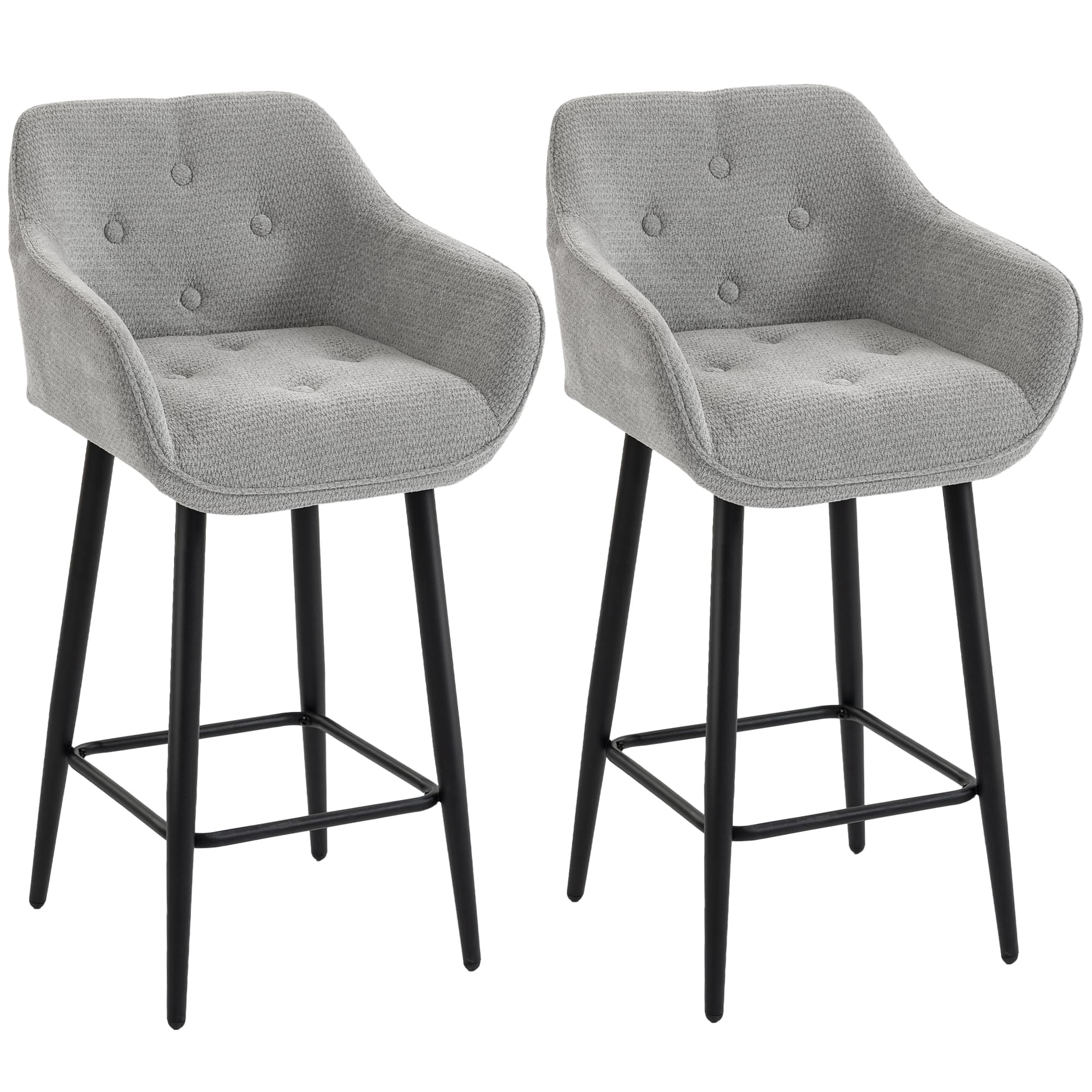 HOMCOM Lot de 2 Tabourets de Bar, Chaises de Bar Rembourrées en Chenille, Assise Large 67H cm, Dossier et Repose-Pieds, Gris
