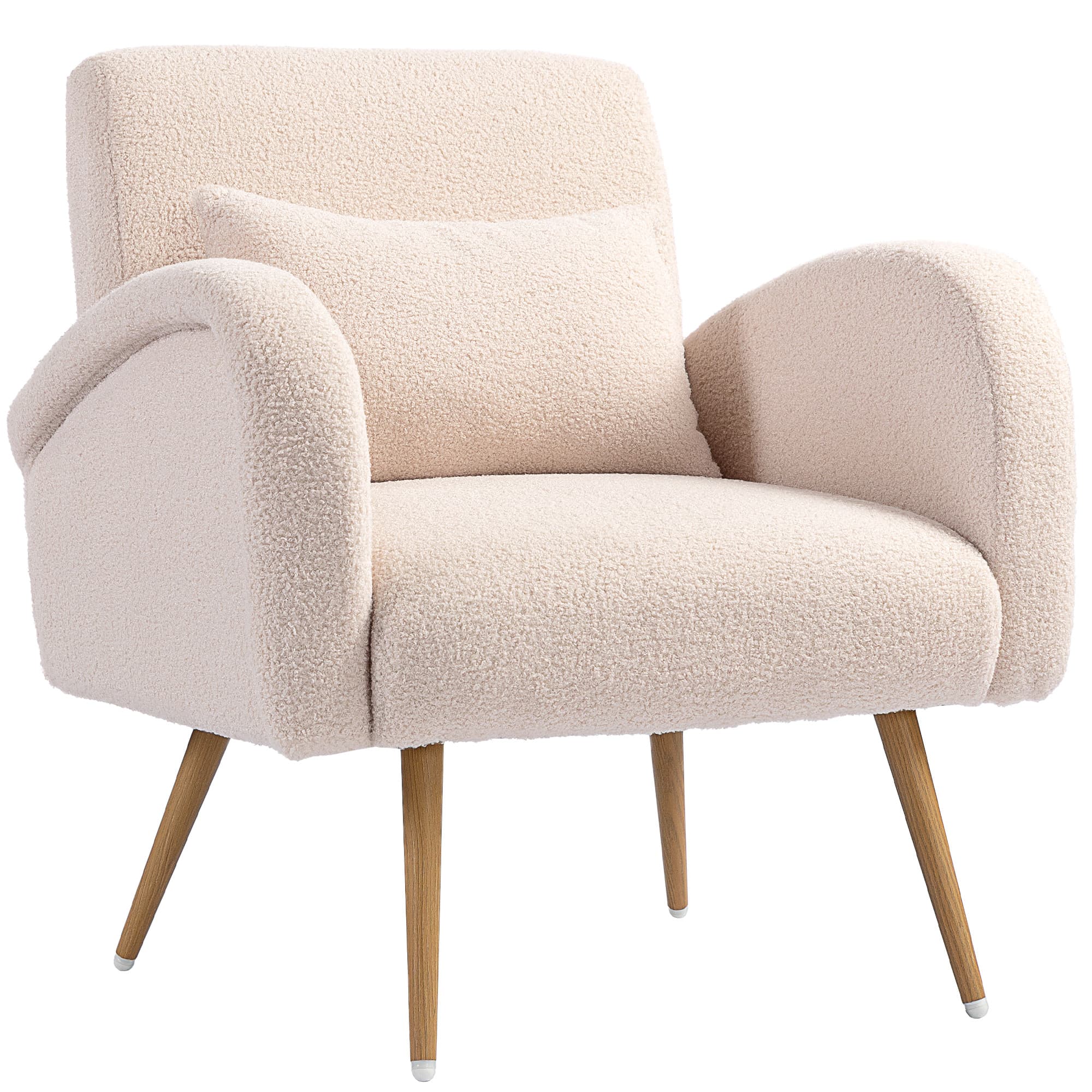 HOMCOM Fauteuil de salon en tissu Teddy, chaise rembourrée, assise large, coussin lombaire, pieds en métal effet bois, beige