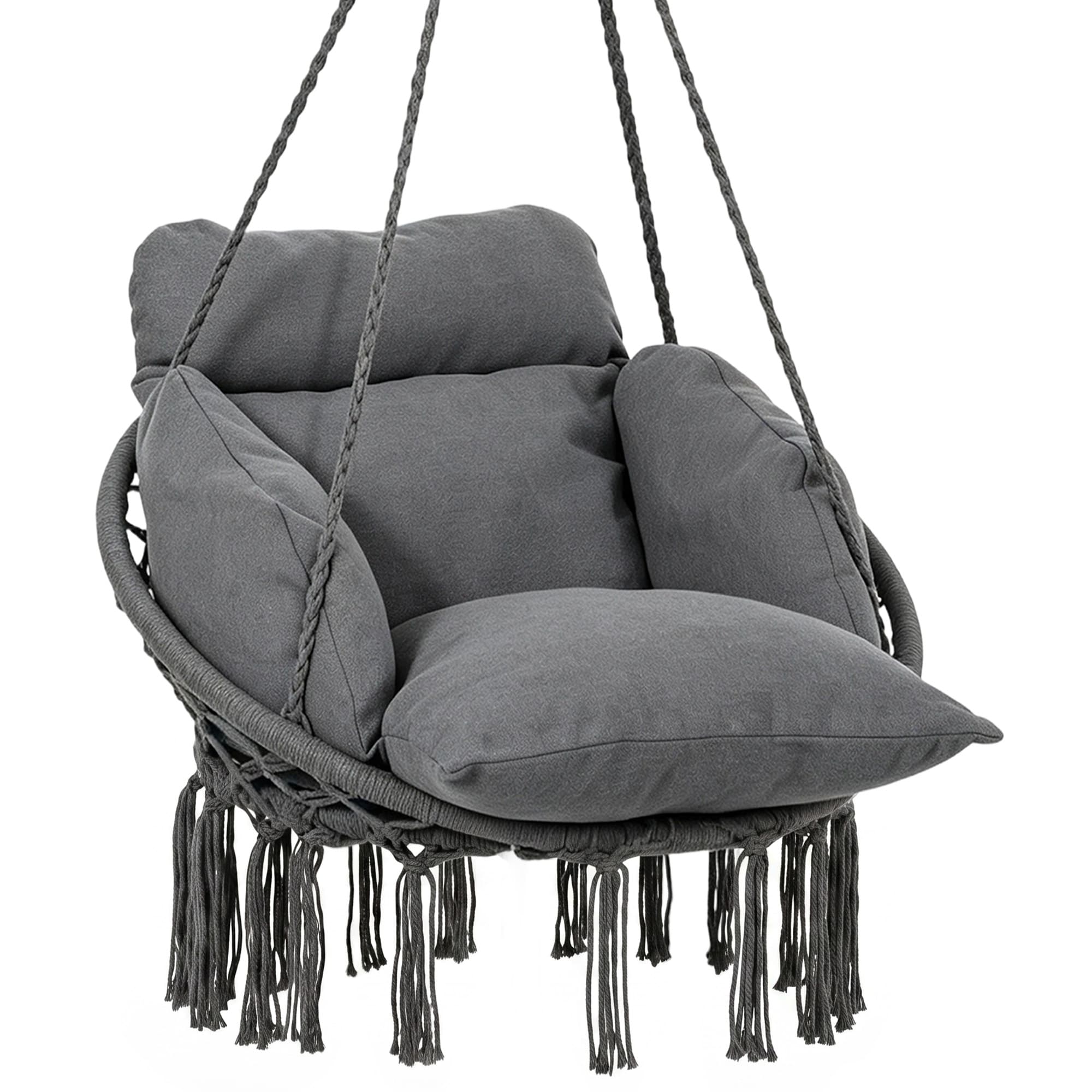 Outsunny Chaise suspendue avec grand coussin rembourré hamac fauteuil suspendu à franges kit de suspension 80 x 60 x 40 cm gris foncé