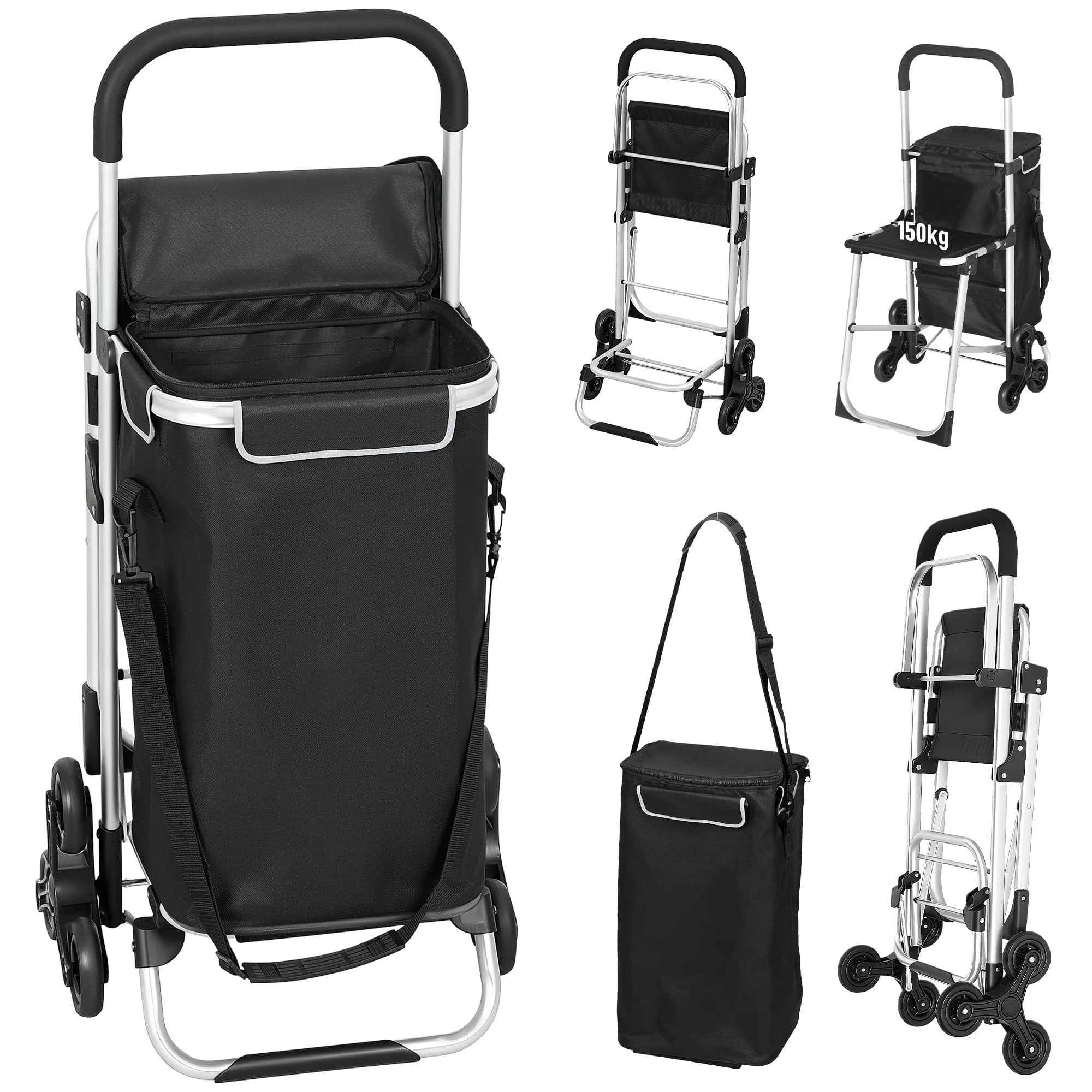 HOMCOM Chariot de courses pliable caddie de courses portable à roulettes avec siège pliable, sac amovible, 46x59,5x97cm, noir
