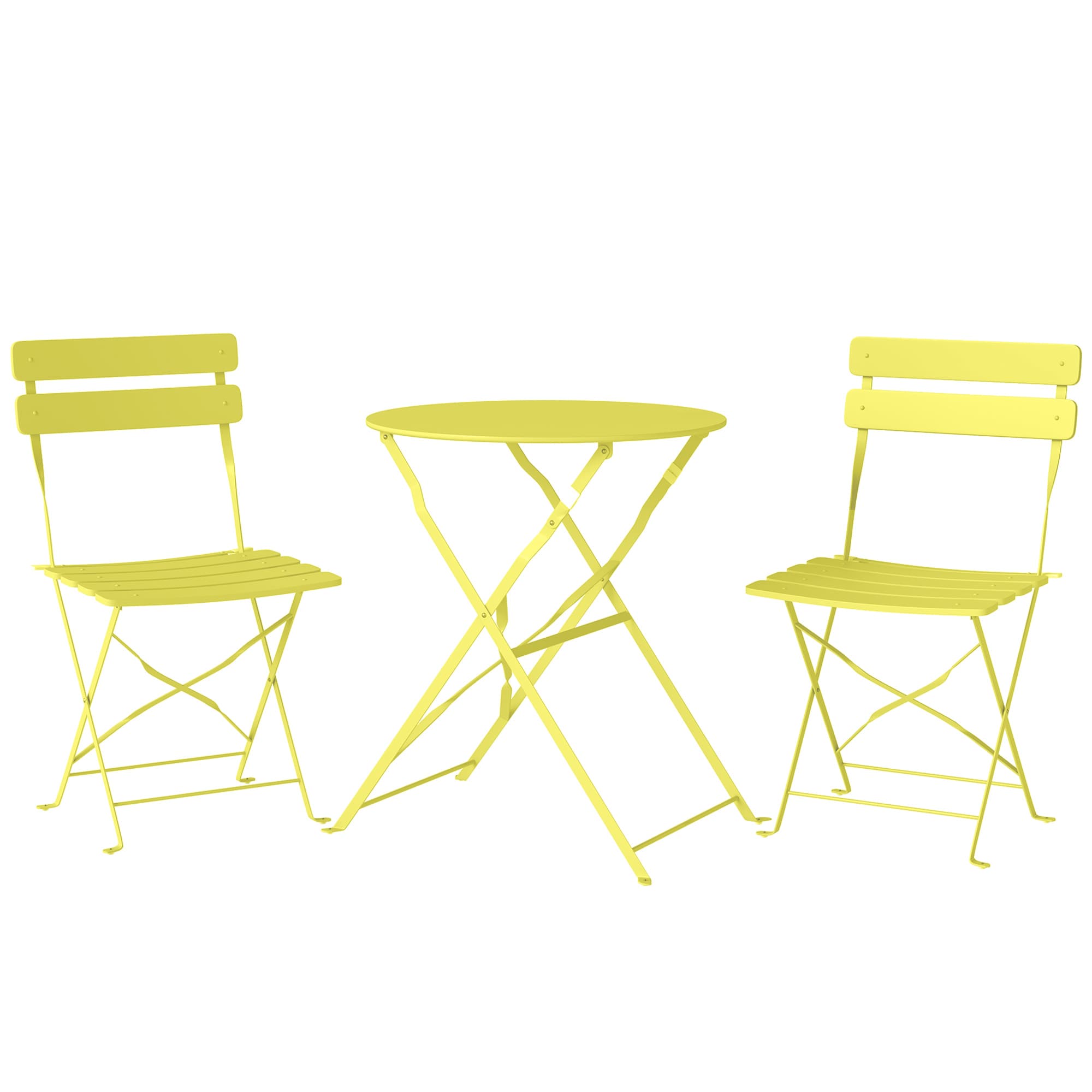 Outsunny Ensemble Bistrot de Jardin 3 Pièces Table et 2 Chaises Pliantes à Lattes Double Protection Antirouille Jaune