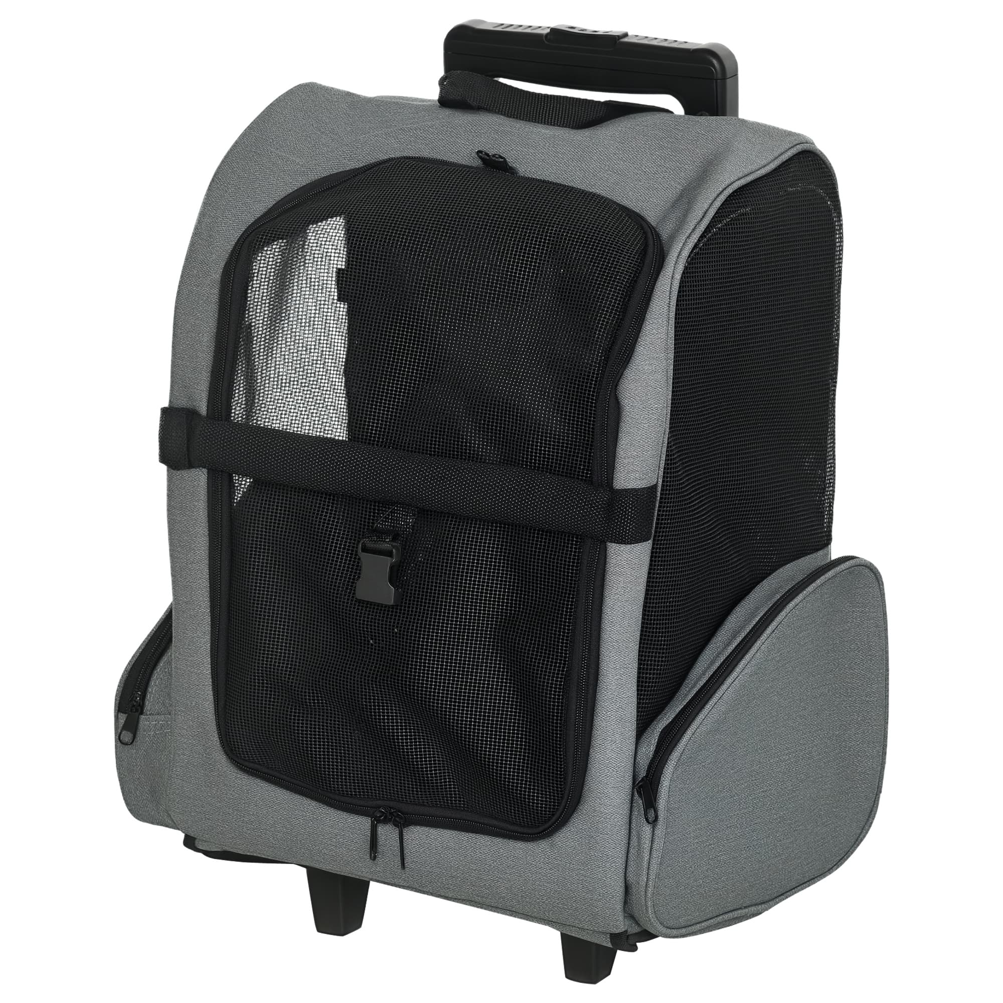 Pawhut 2 en 1 trolley chariot sac à dos sac de transport a roulettes poignée téléscopique de 74 à 96 cm pour chien chat gris