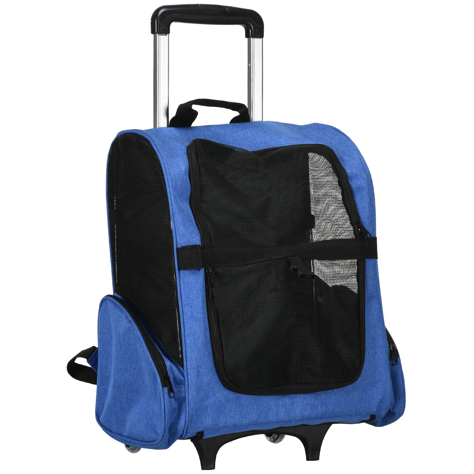 PawHut Sac de transport à roulettes pour chien 2 en 1 trolley chariot poignée téléscopique, sacs rangement 42 x 25 x 55 cm bleu