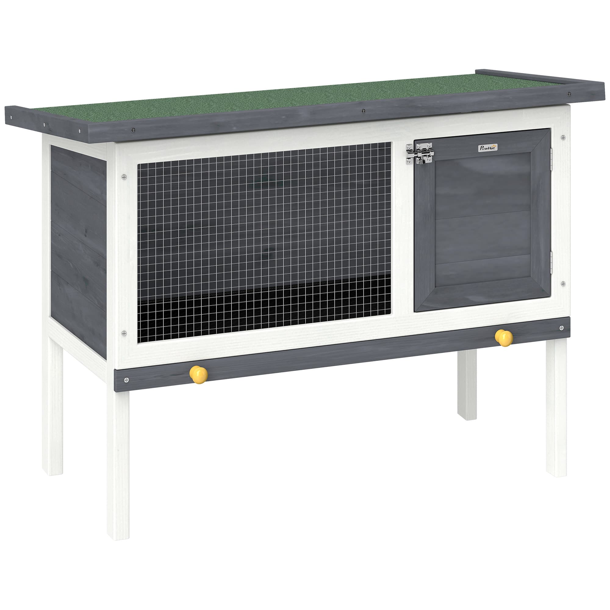 PawHut Clapier Lapin Extérieur en Bois, avec Toit Ouvrable en Asphalt et Plateau Coulissant, Design Surélevé, 90x45x65cm, Gris