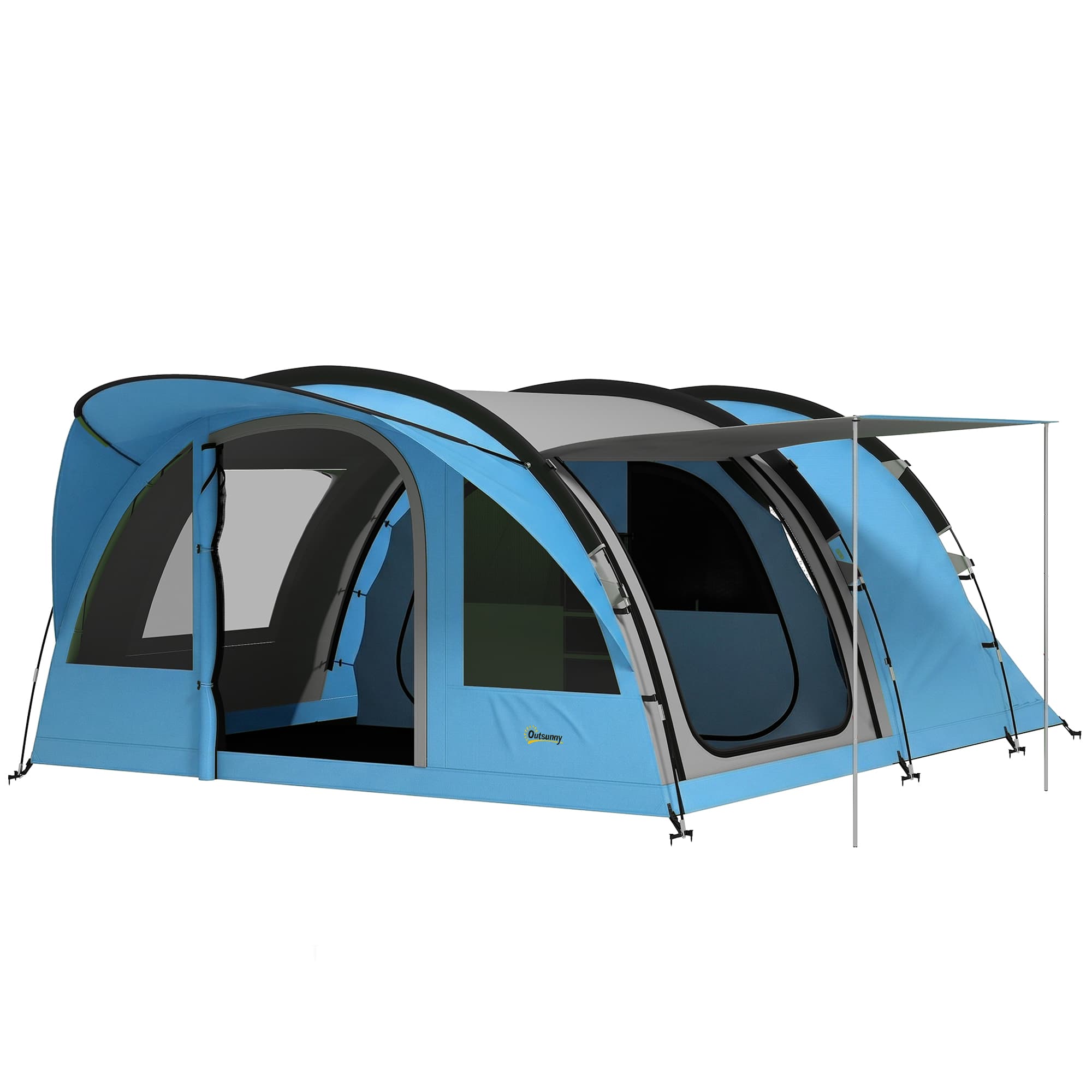 Outsunny Grande Tente Tunnel Camping 4 Personnes 3-4 Saisons Hauteur d'Homme 2 m Séjour XL 3,7 m Imperméable 3000mm Bleu
