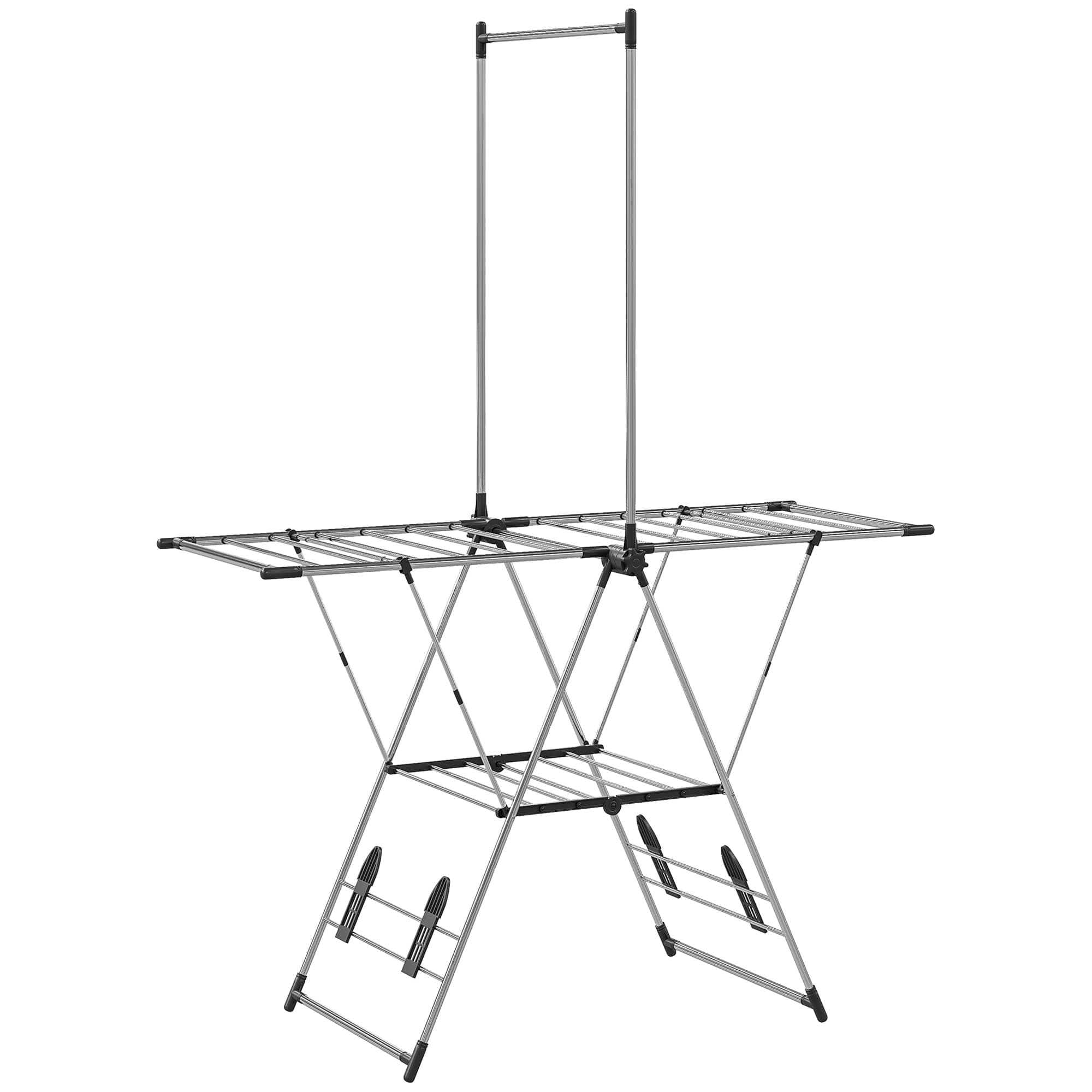HOMCOM Séchoir à linge étendoir pliable, ailes réglables 5 niveaux, 4 supports à chaussures, acier inoxydable, argenté