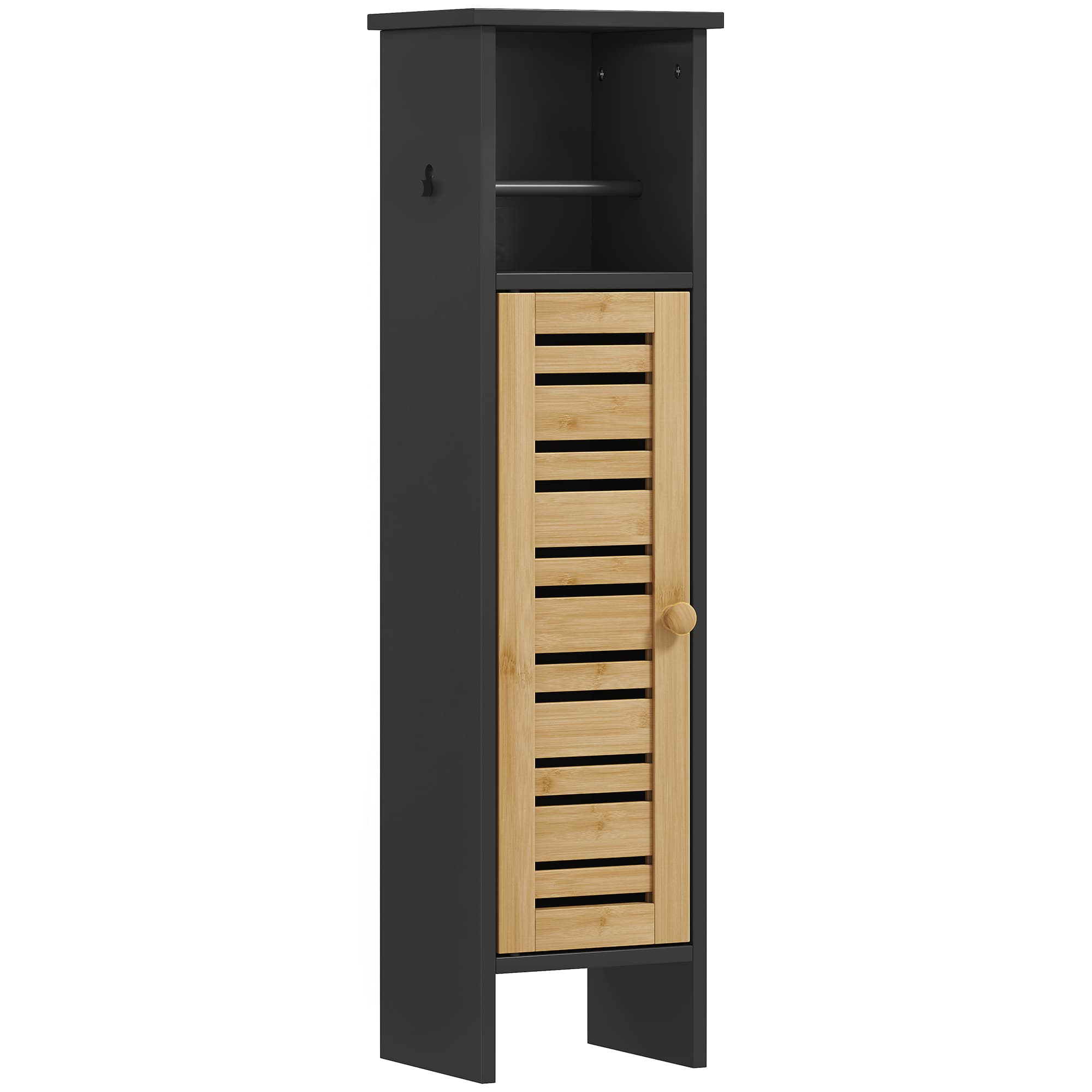 HOMCOM Meuble de salle de bain avec support papier toilette barre amovible 3 Niveaux + Sortie Papier, 78H cm, Bambou noir
