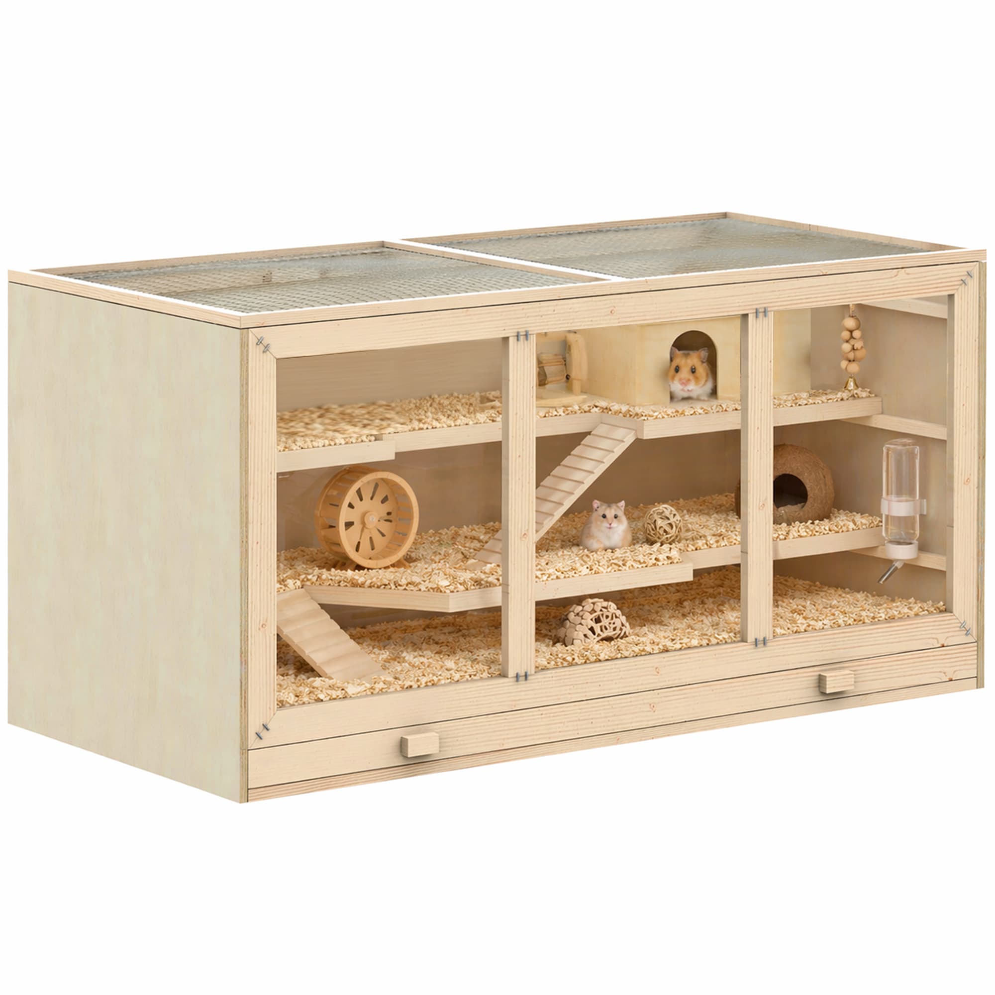 PawHut Cage à hamster cage gerbilles 2 niveaux toit ouvrable fenêtres cabane 2 échelle, 115 x 57 x 55 cm, effet bois naturel