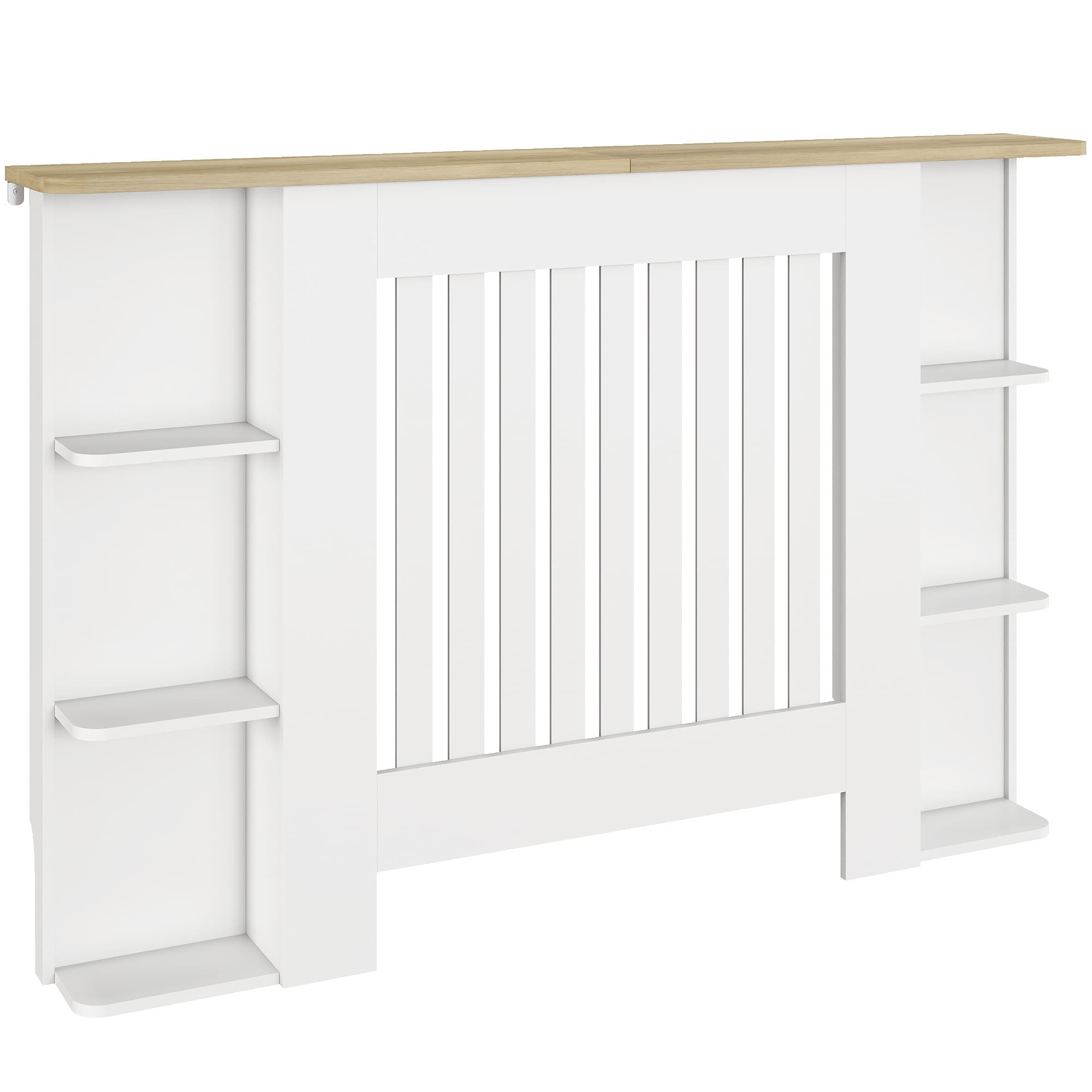 HOMCOM Cache-radiateur avec étagères de rangement ouvertes, couvercle de radiateur en bois à lattes, 124x19x83cm, blanc