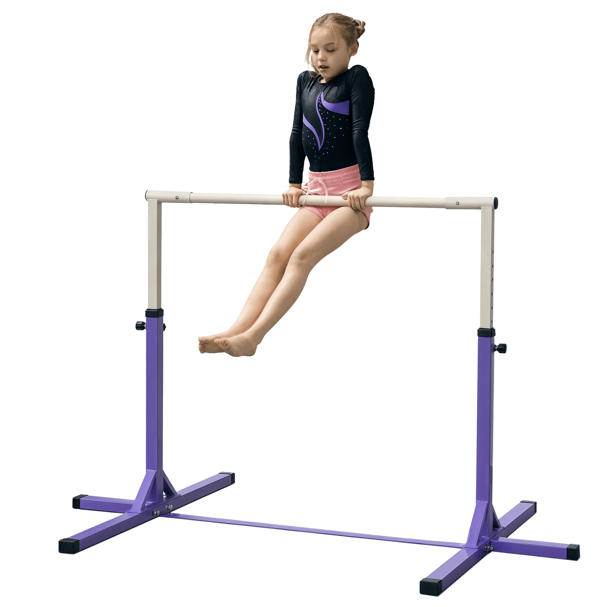 HOMCOM Barre gymnastique enfants hauteur réglable 11 niveaux 95 à 145 cm acier bois massif hêtre violet