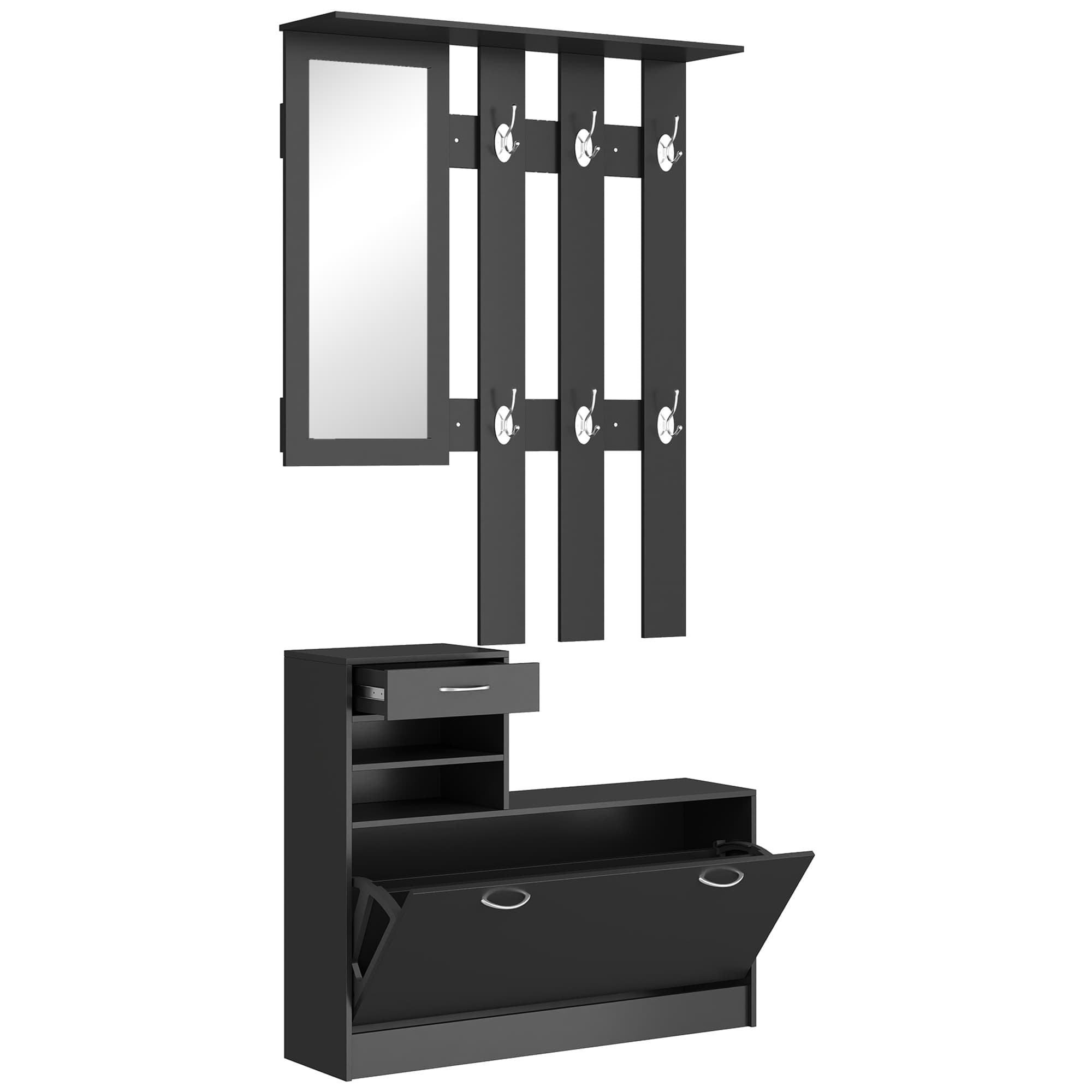 Homcom Ensemble de Meubles d'Entrée Design Contemporain Meuble Chaussures, Miroir et Panneau Porte-Manteau Panneaux de Particules Noir Imitation Bois