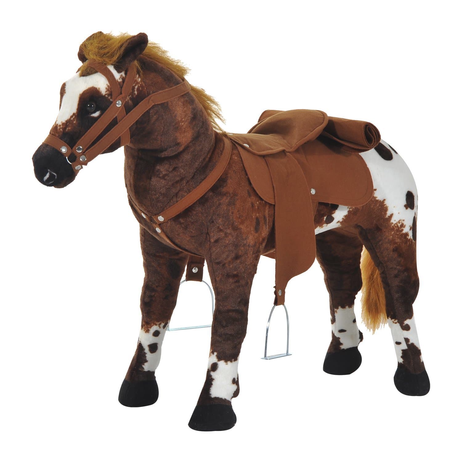 HOMCOM Cheval debout en peluche effets sonores hennissement et galop selle étrier rênes 85L x 28l x 60H marron blanc