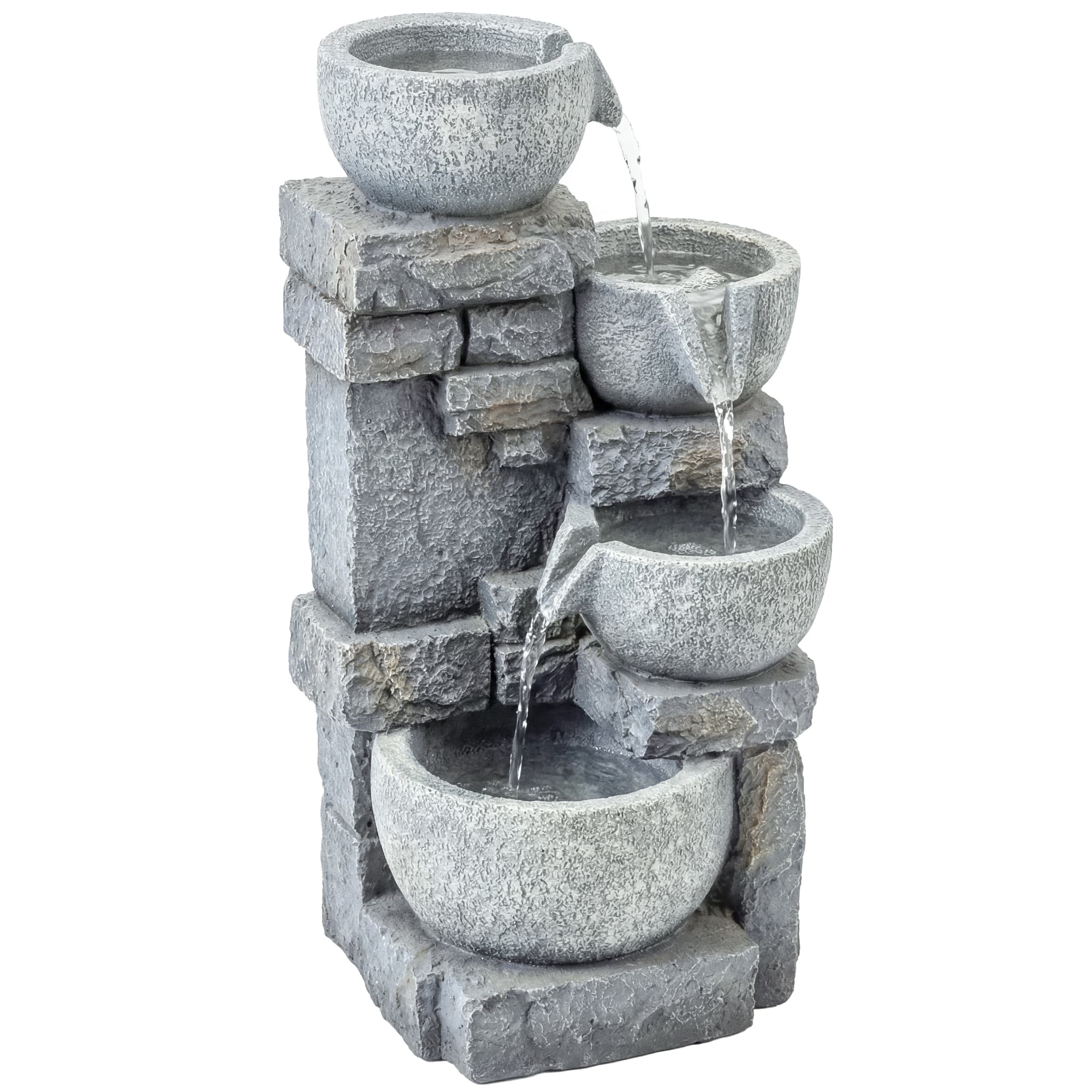 Outsunny Fontaine de Jardin Cascade 4 Niveaux Décoration Effet Pierre et Brique avec Éclairage LED 28 x 25 x 54,5 cm Gris