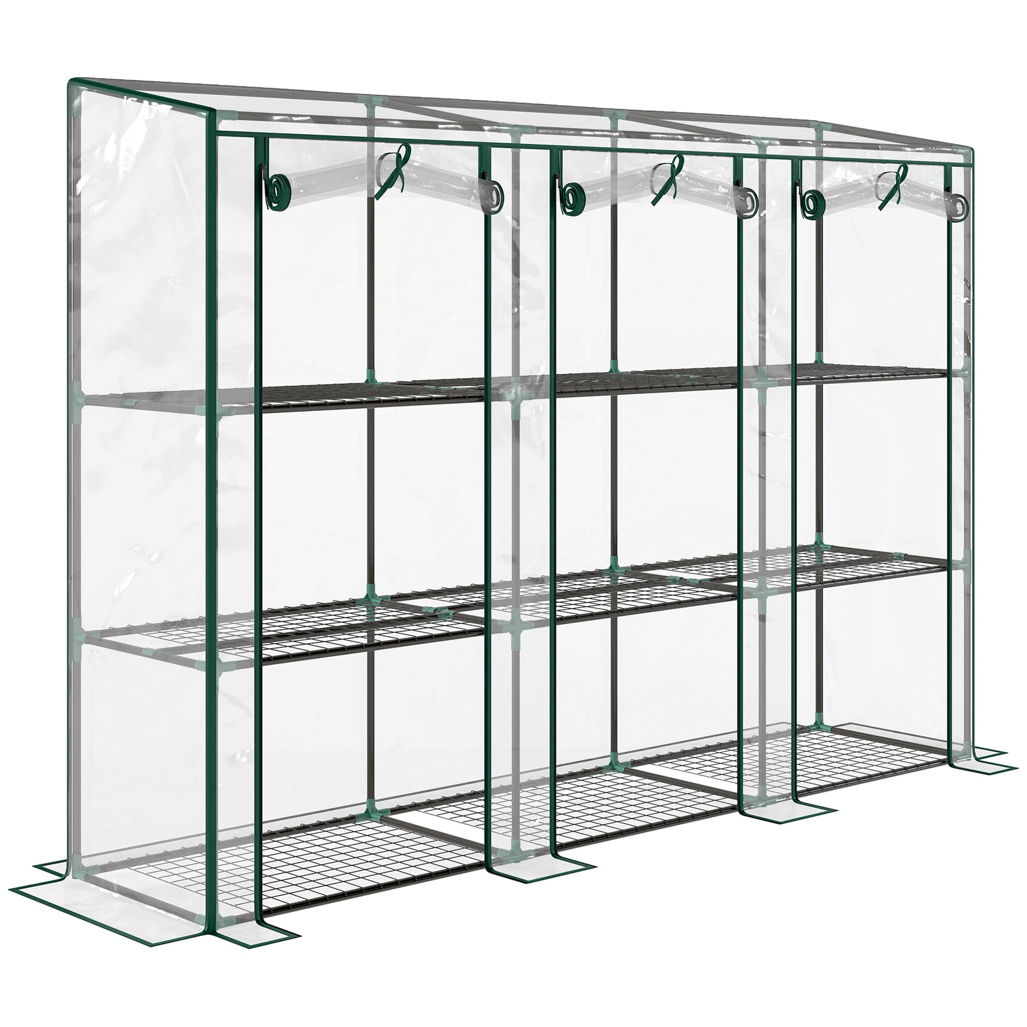 Outsunny Serre de jardin avec étagères à 3 niveaux serre de balcon 3 portes enroulables zippées 215 x 46 x 151 cm vert