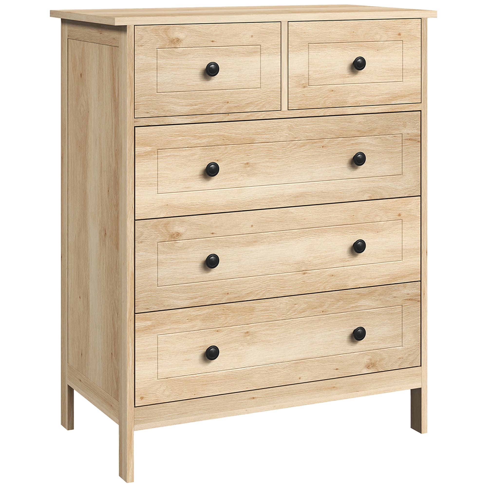 HOMCOM Commode meuble de rangement 5 tiroirs pour chambre, bureau, entrée, chêne et poignée métal noir