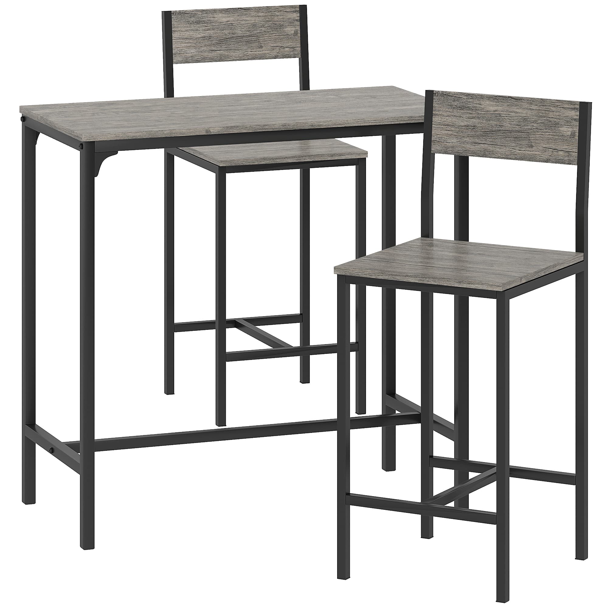 HOMCOM Ensemble table de bar avec tabourets, table à manger debout avec 2 chaises de bar, repose-pieds et dossiers, gris