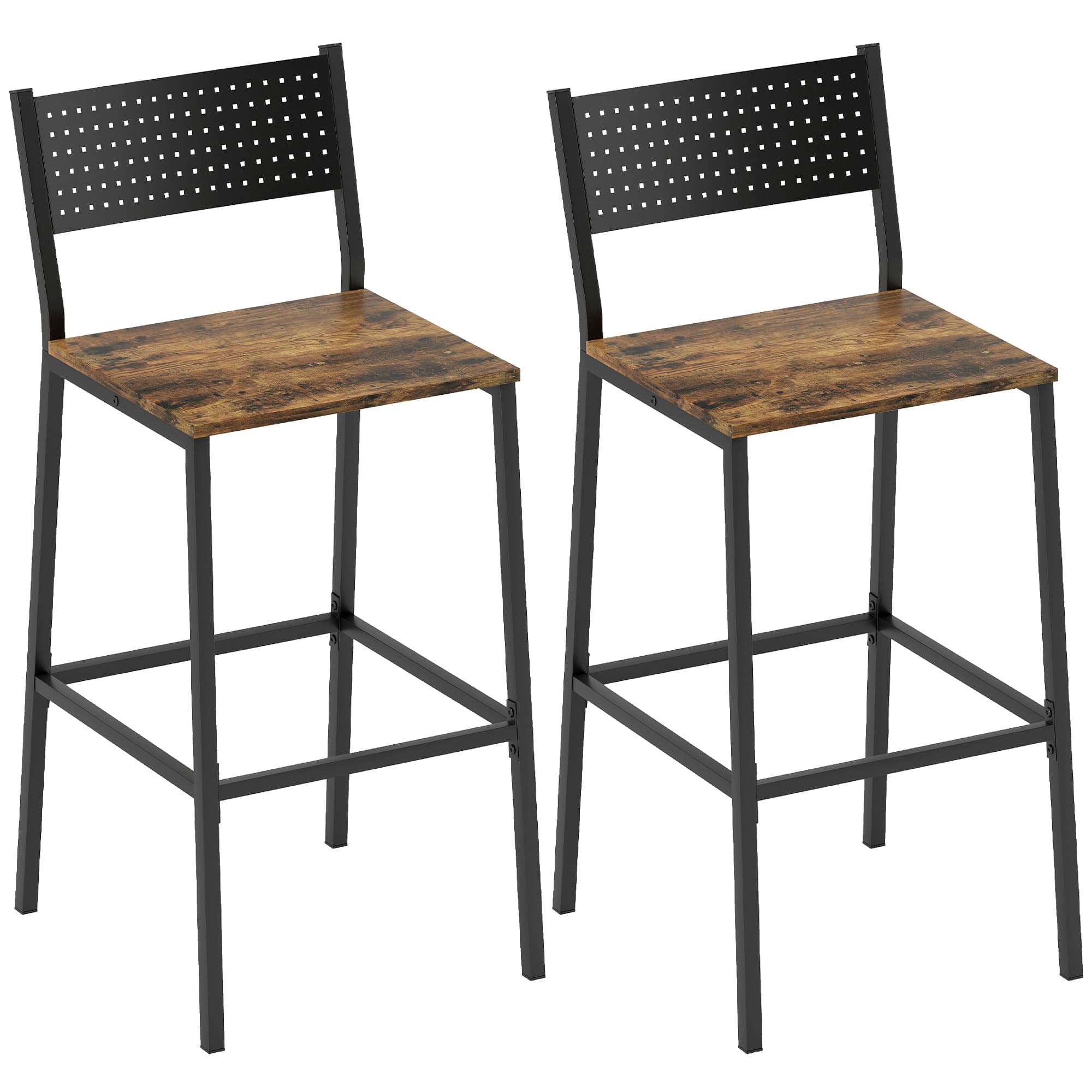 HOMCOM Lot de 2 tabourets de bar, chaises de bar, assise 72,5H cm, dossier et repose-pieds, pieds en métal, brun rustique