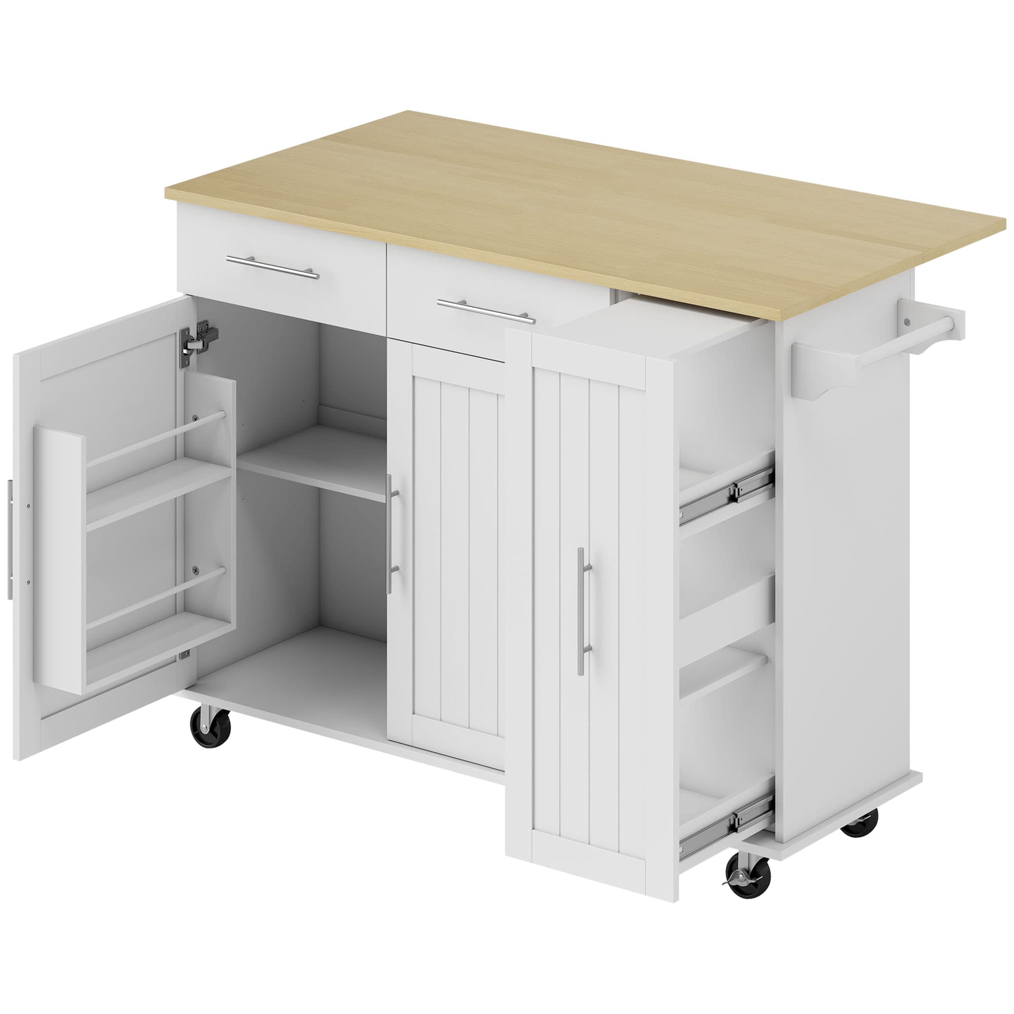 HOMCOM Îlot Central Cuisine avec Plateau Rabattable, Roulettes, 2 Tiroirs, Portes à Fermeture Douce, Porte-Serviettes, Blanc