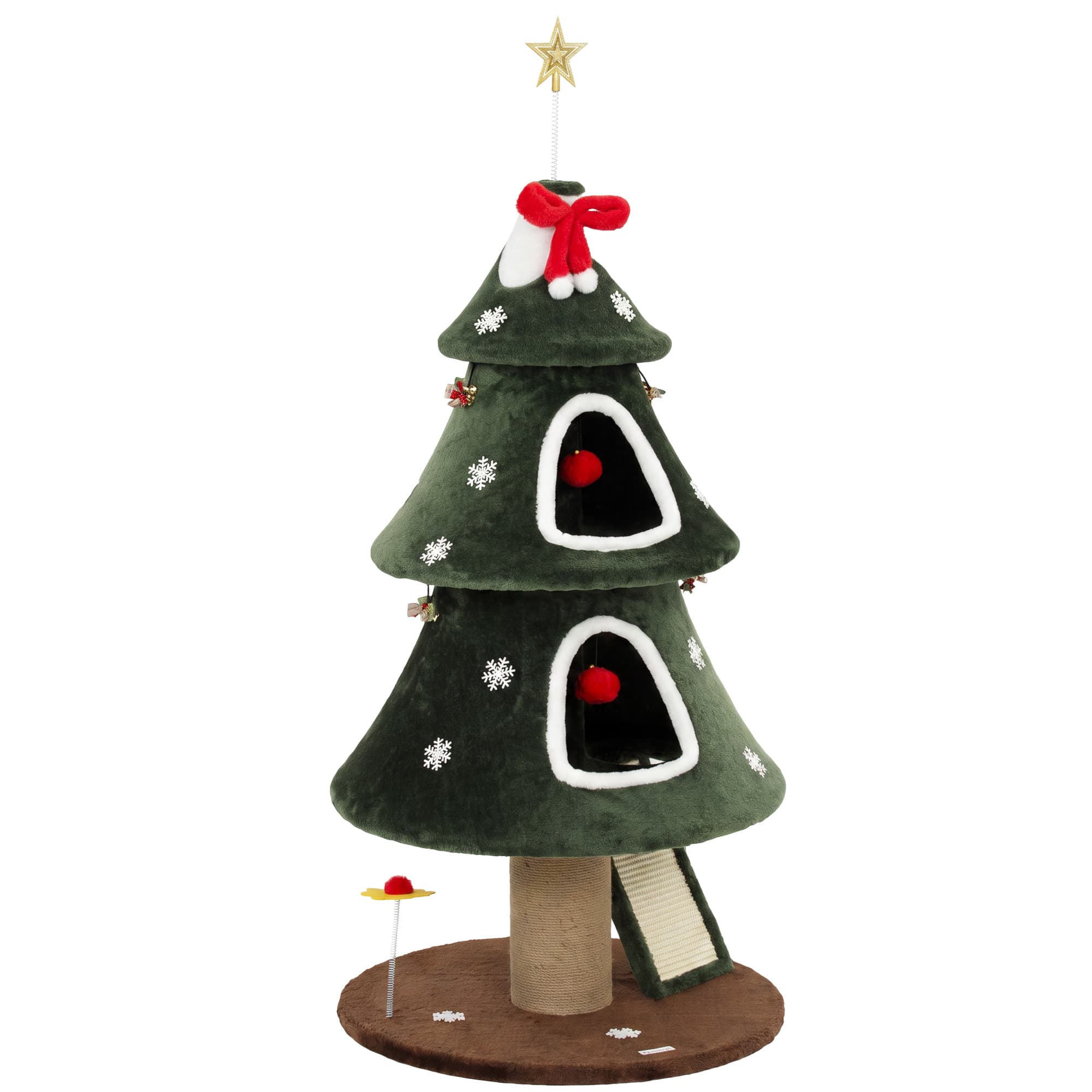 PawHut Arbre à Griffer de Noël pour Chats, 2 Niches, Échelle en Sisal, Poteaux en Jute et Boules, 60x60x132 cm, Vert