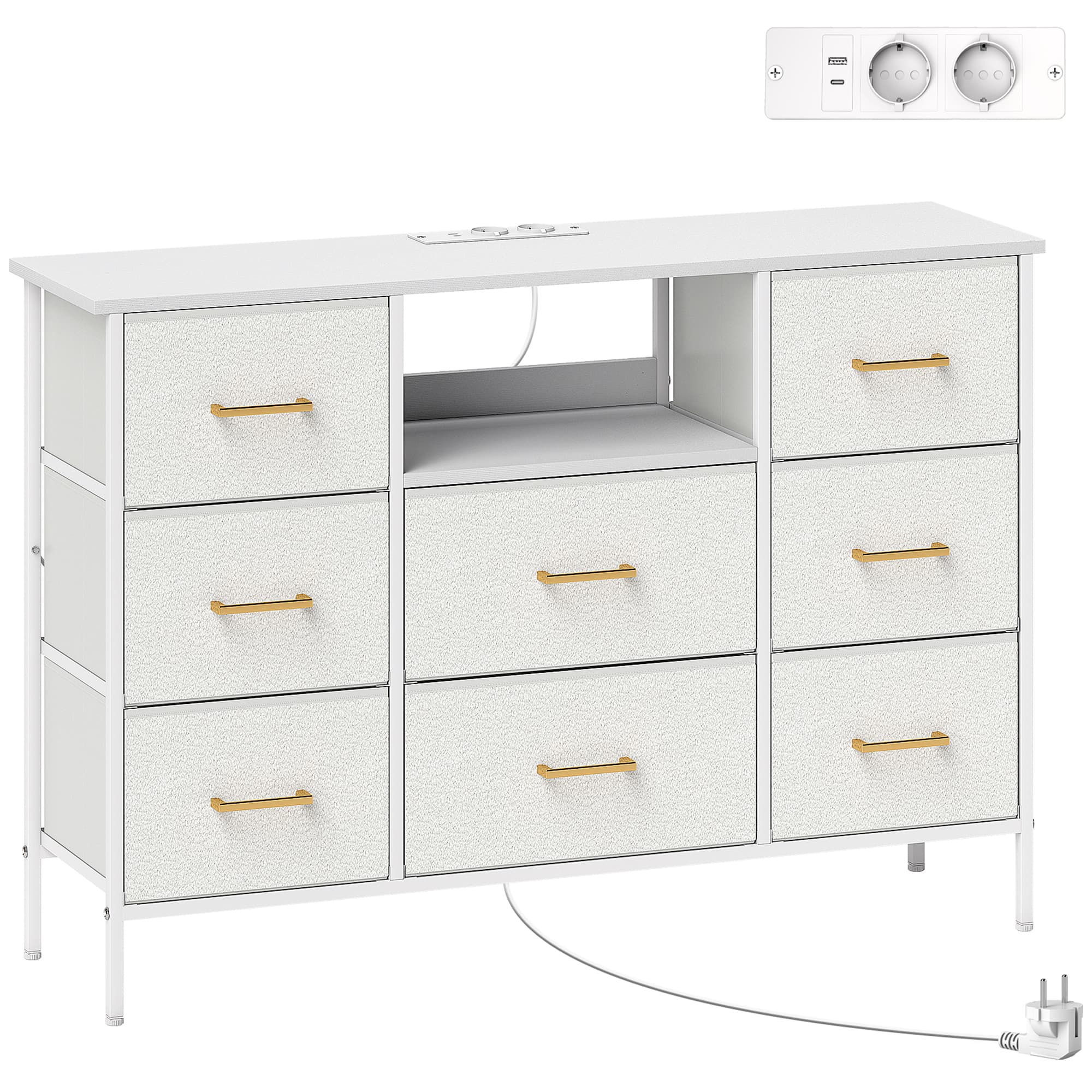 HOMCOM Commode 8 tiroirs en tissu bouclette, meuble de rangement avec 2 prises de courant, structure en acier 110x30x76cm crème