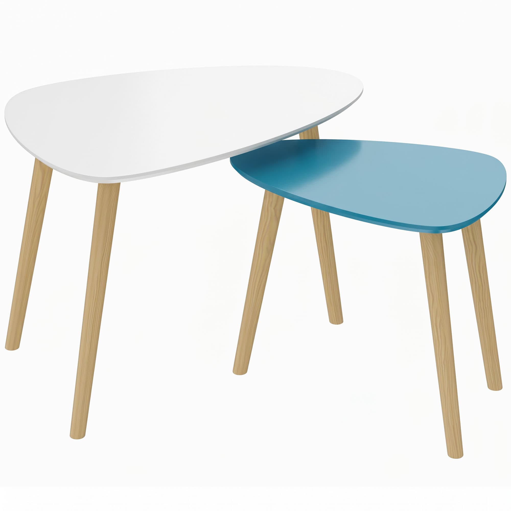 HOMCOM Lot de 2 tables basses gigognes design scandinave pieds en bois et plateau en bois, blanc et bleu