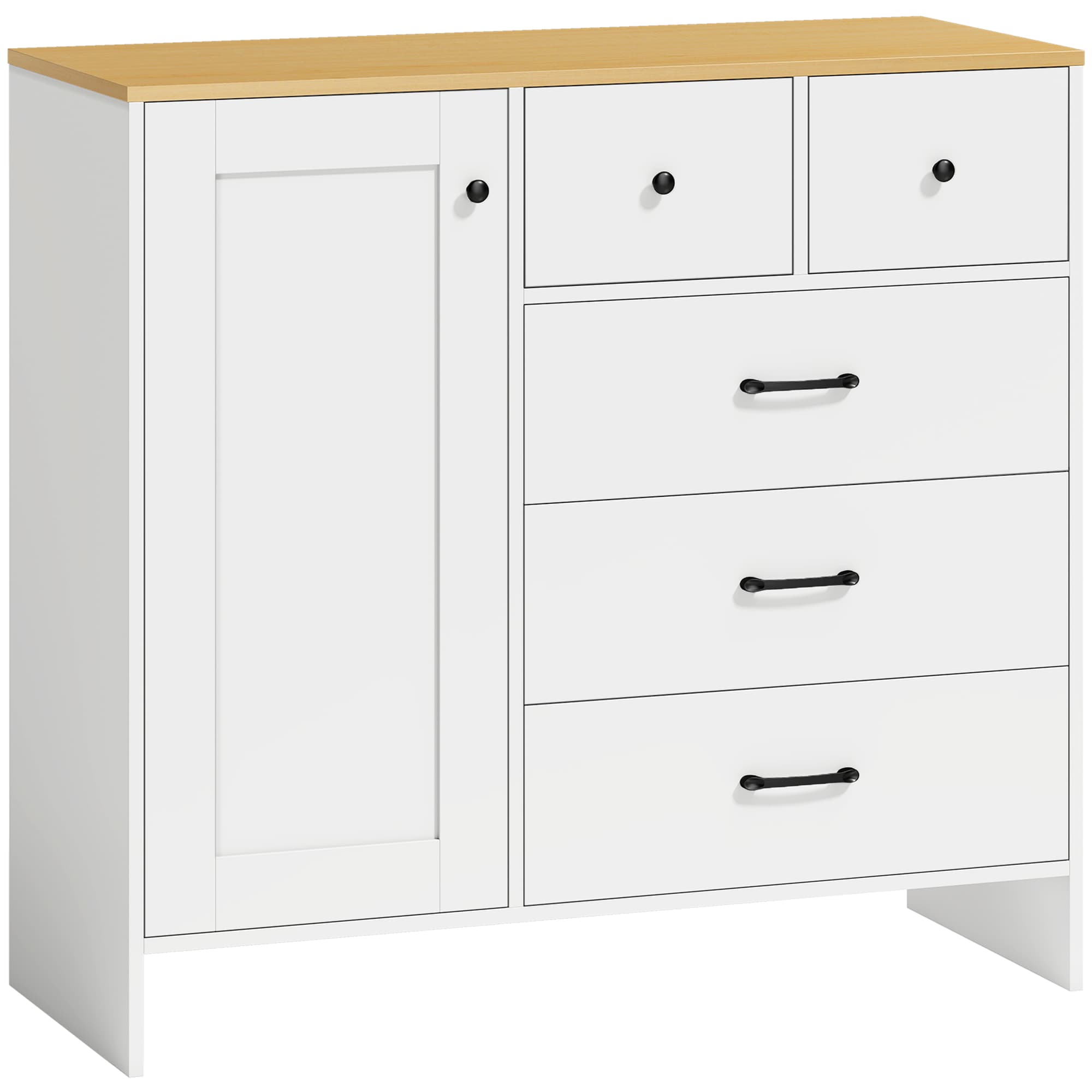 HOMCOM Buffet Cuisine, Meuble de Rangement avec 5 Tiroirs et Porte, Style Rustique, 100 x 40 x 94 cm, Blanc