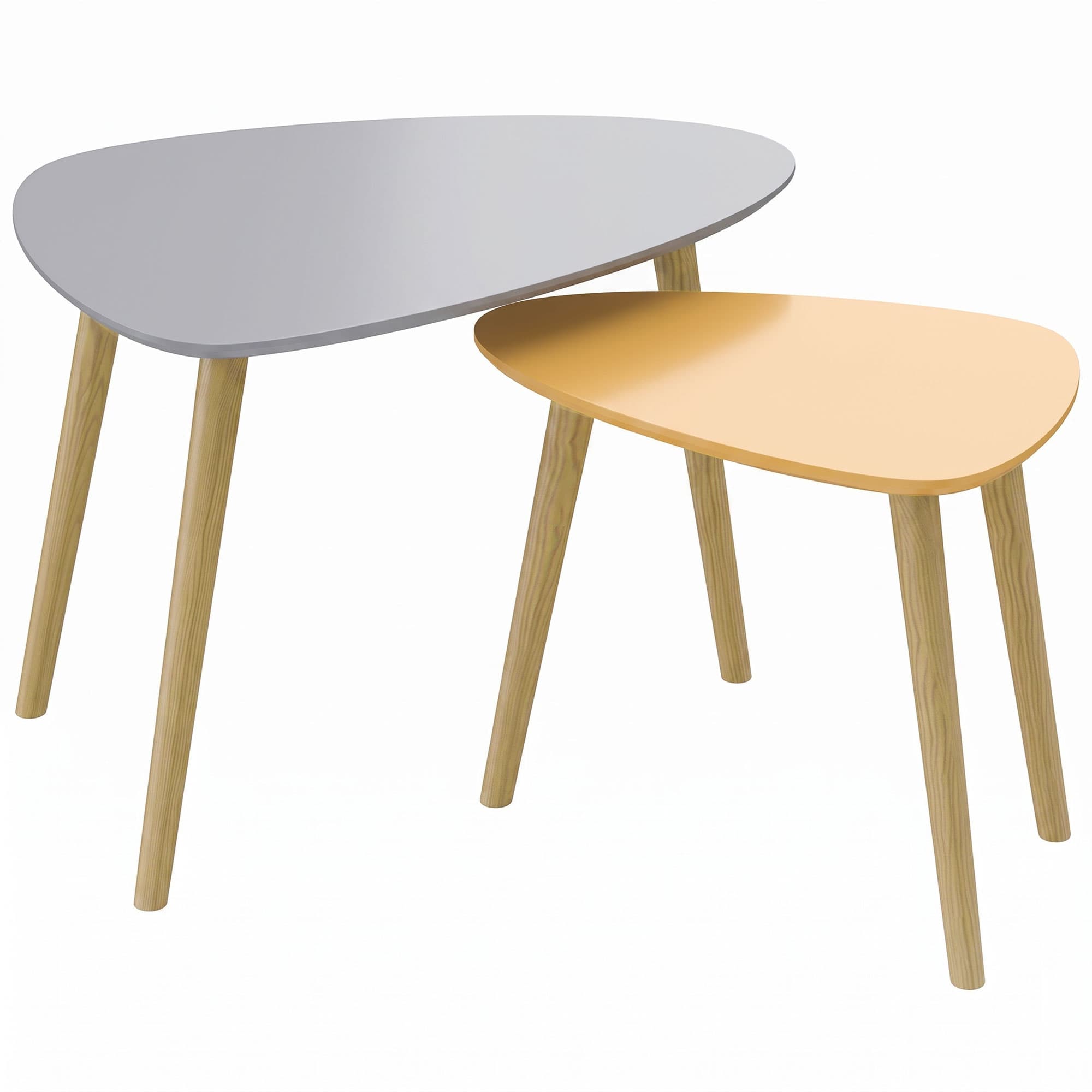 HOMCOM Lot de 2 tables basses gigognes design scandinave pieds en bois et plateau en bois, gris et jaune