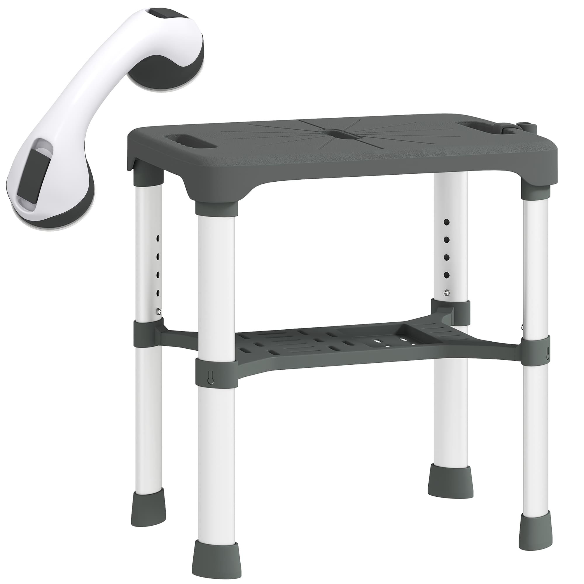 HOMCOM Tabouret de Douche Hauteur Ajustable avec Étagère Intégrée et Barre d'Appui à Ventouse pour Seniors et Handicapés, Gris