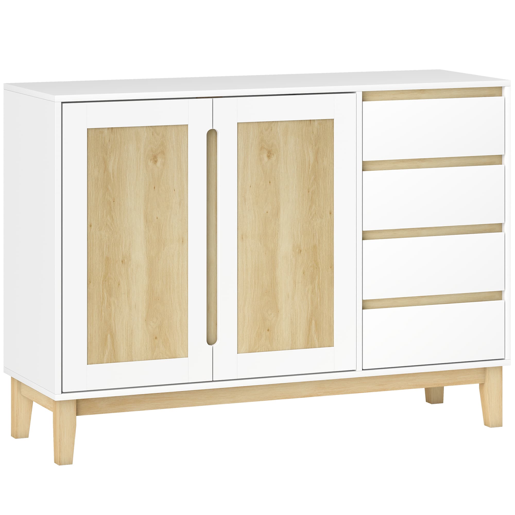 HOMCOM Buffet, meuble de rangement avec 2 portes et 4 tiroirs, étagère réglable, 120 x 40 x 86 cm, blanc et chêne