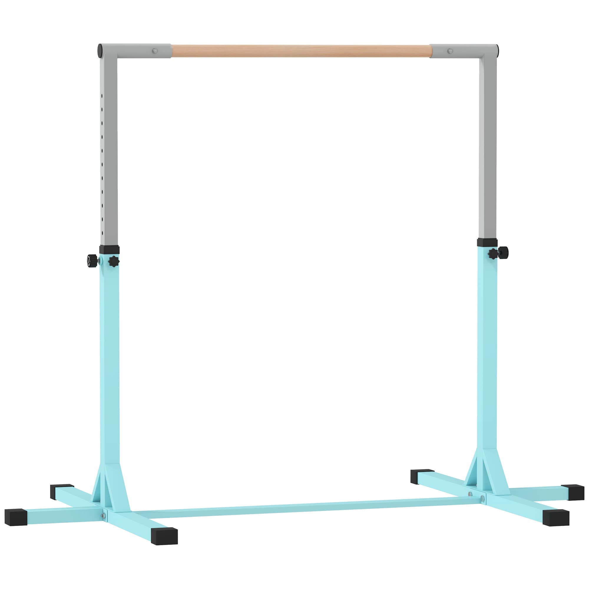 HOMCOM Barre fixe de gymnastique pour enfant, hauteur réglable 13 niveaux de 92-150 cm, en acier et bois en hêtre, cyan