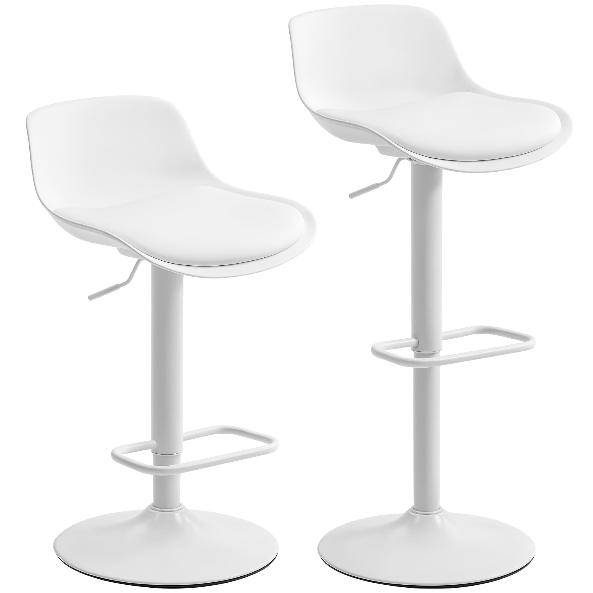 HOMCOM Lot de 2 Tabourets de Bar, Tabourets Hauts avec Siège Pivotant et Hauteur Réglable, Chaises de Bar en Cuir PU avec Dossier pour Îlot de Cuisine, Salle à Manger, Blanc