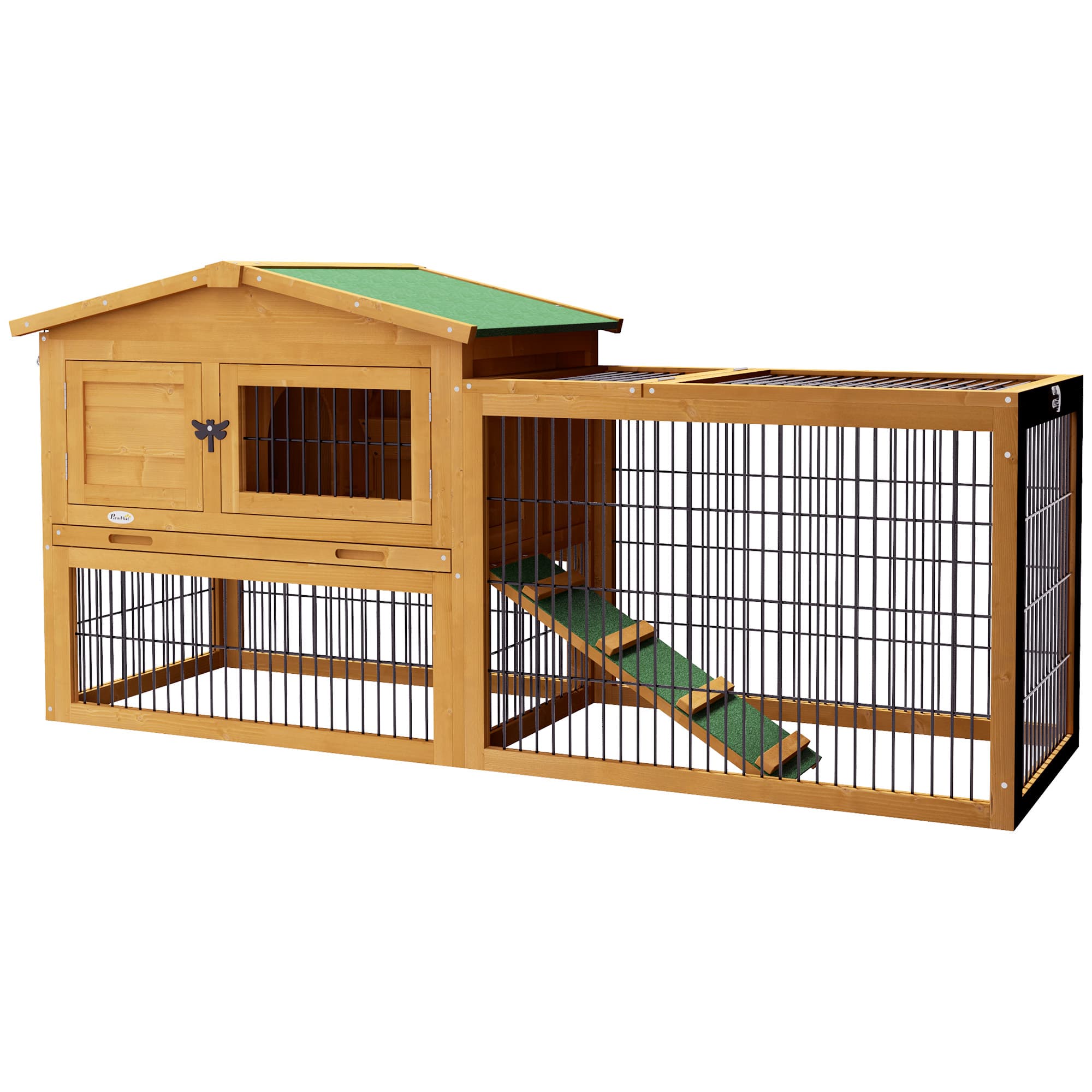 PawHut Clapier de sol cage à lapin niche supérieure avec rampe enclos extérieur porte verrouillable 150 x 52,5 x 68 cm jaune