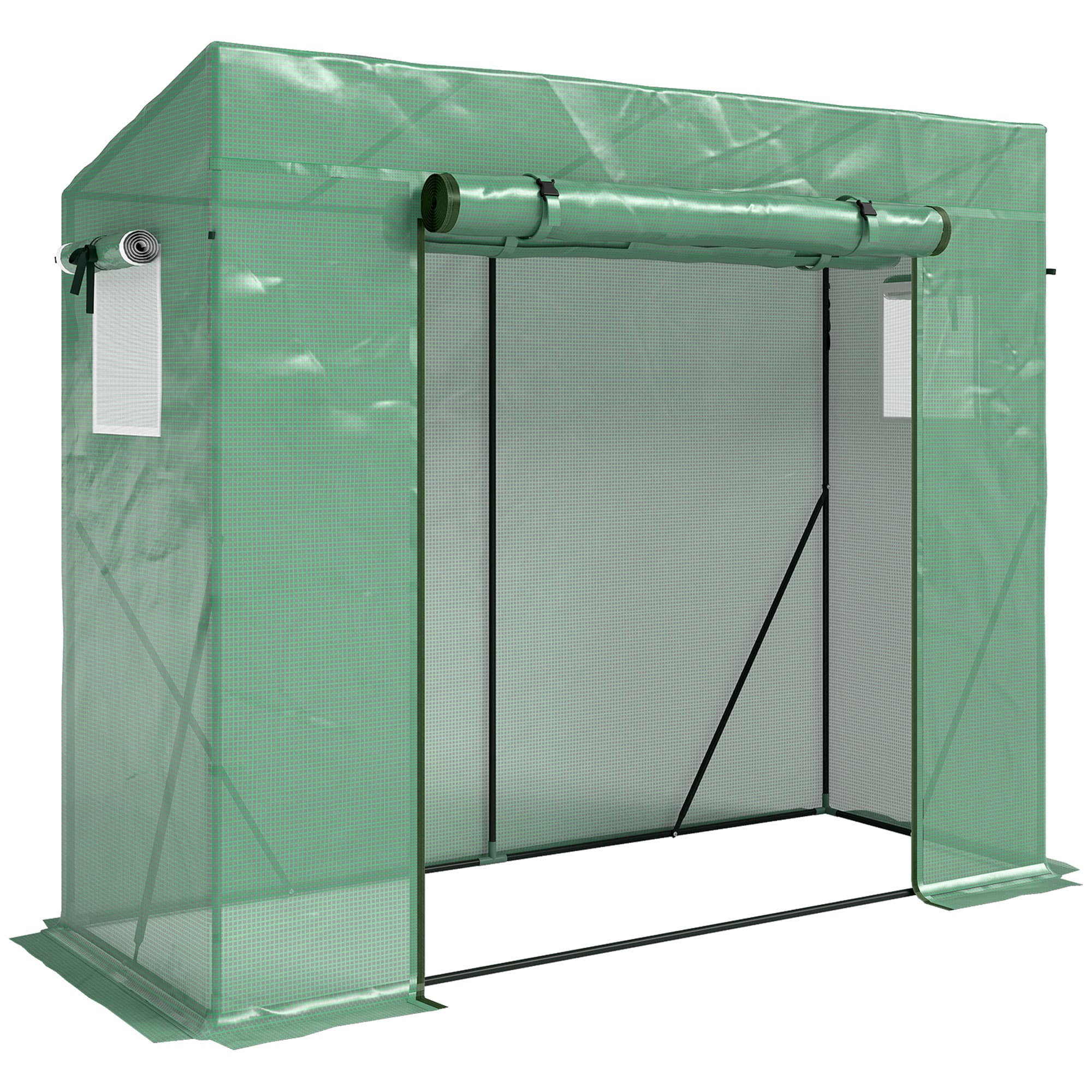 Outsunny Serre de Jardin Bâche polyéthylène anti-UV 2 fenêtres moustiquaires + Barres renforcement 200L x 77l x 169H cm Acier PE Vert