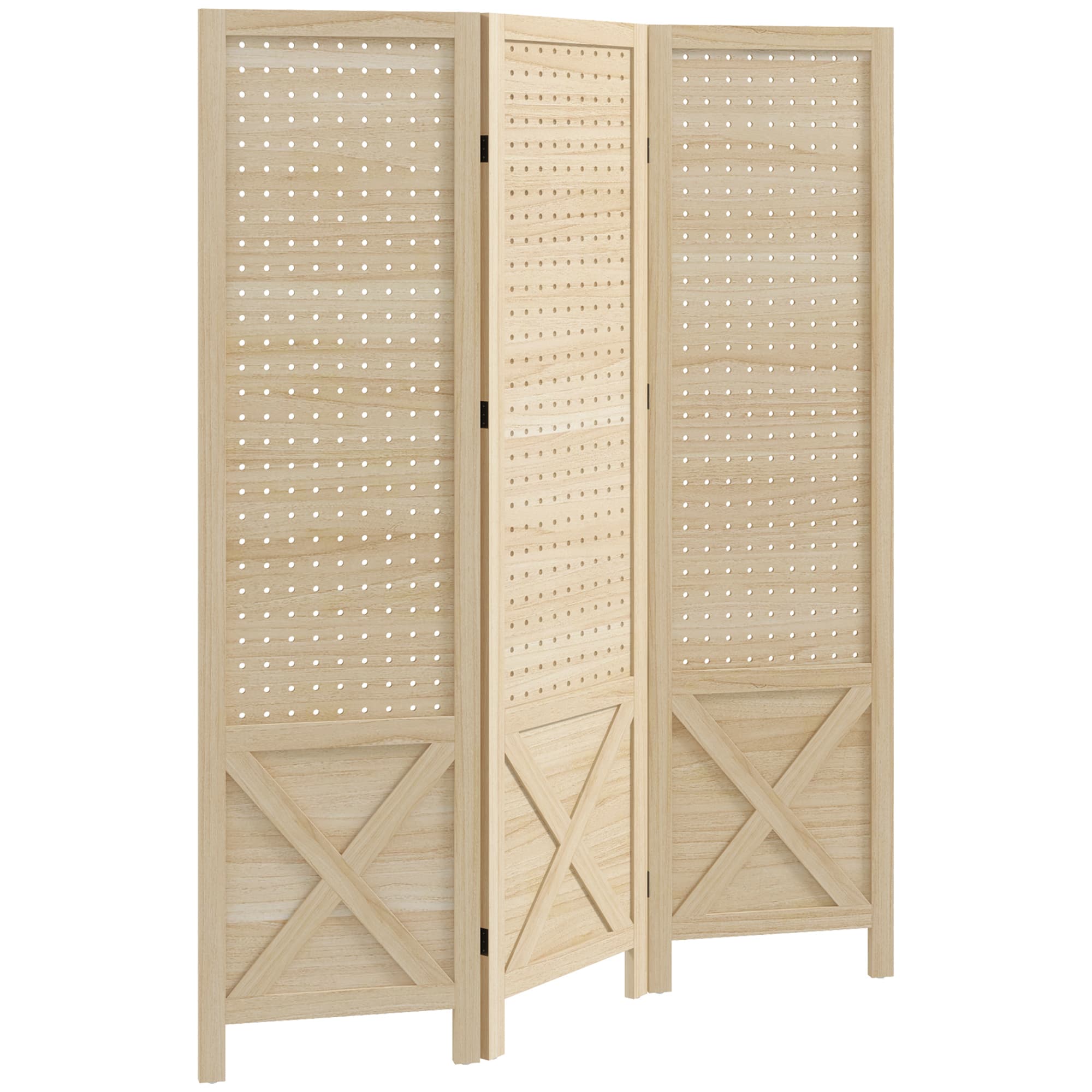 HOMCOM Paravent intérieur en bois 3 panneaux séparateur de pièce pliable panneau perforé 114 x 1,7 x 144,5 cm bois naturel
