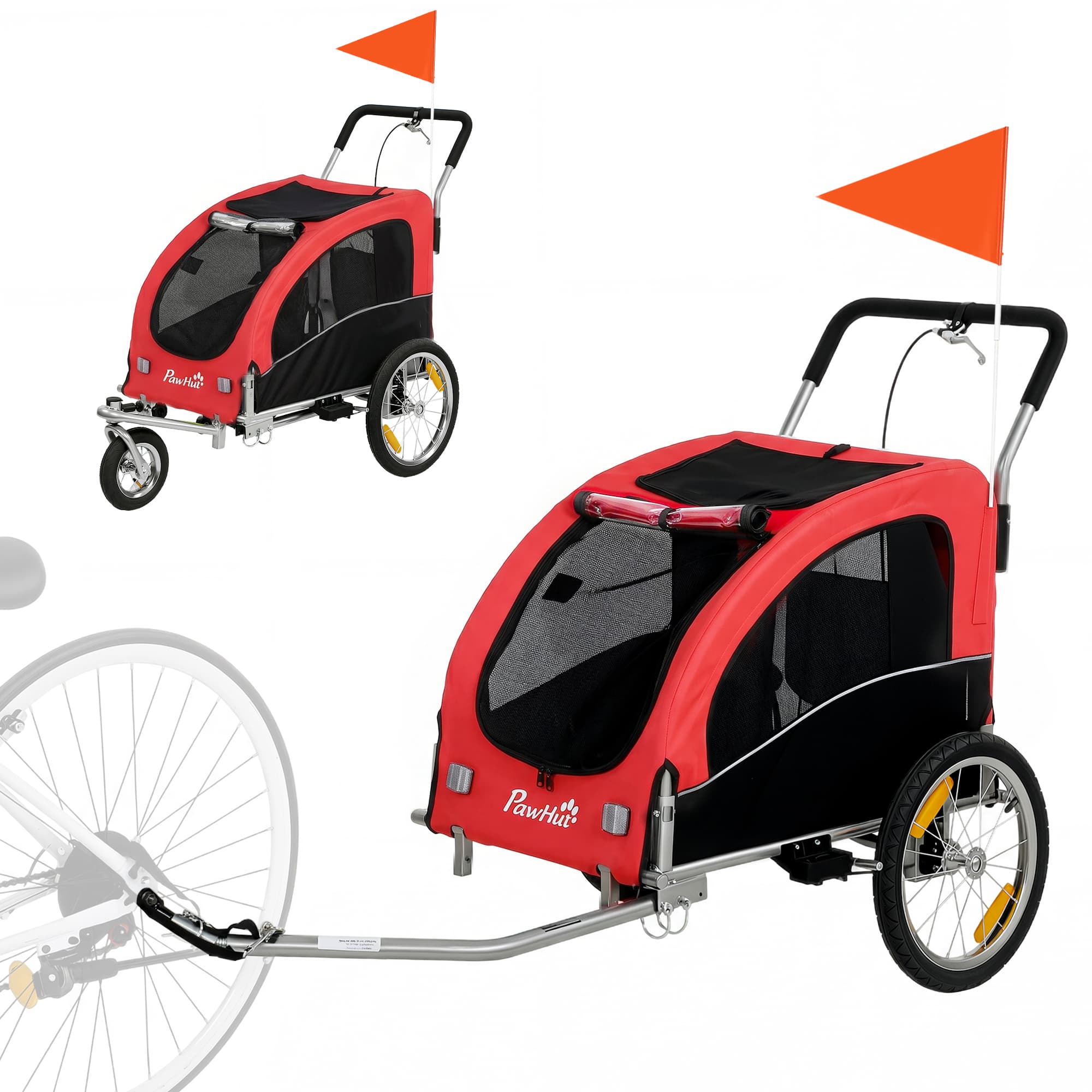 PawHut Remorque Vélo Chien 2-en-1 pour Chien Moyen avec Suspension, Pneus à Dégagement Rapide, Réflecteurs, 154x71x104cm, Rouge
