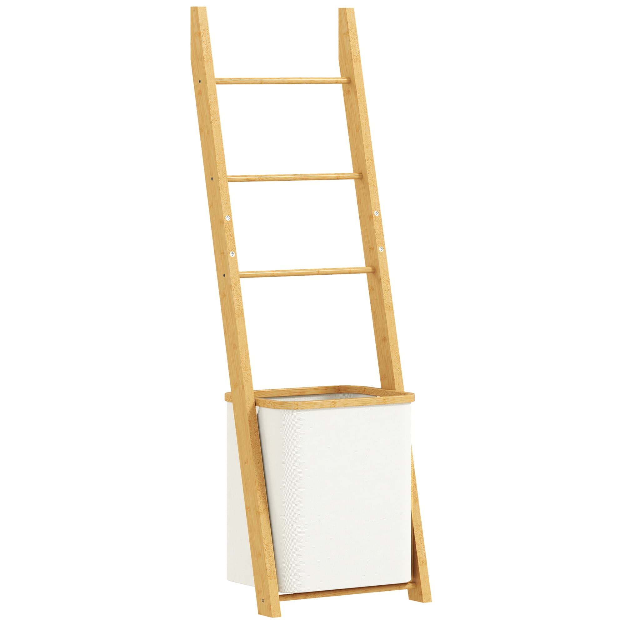 HOMCOM Porte-Serviettes Bambou avec Panier à Linge, Échelle Porte-Serviettes avec 1 Panier à Linge, 43 x 35 x 133 cm, Crème