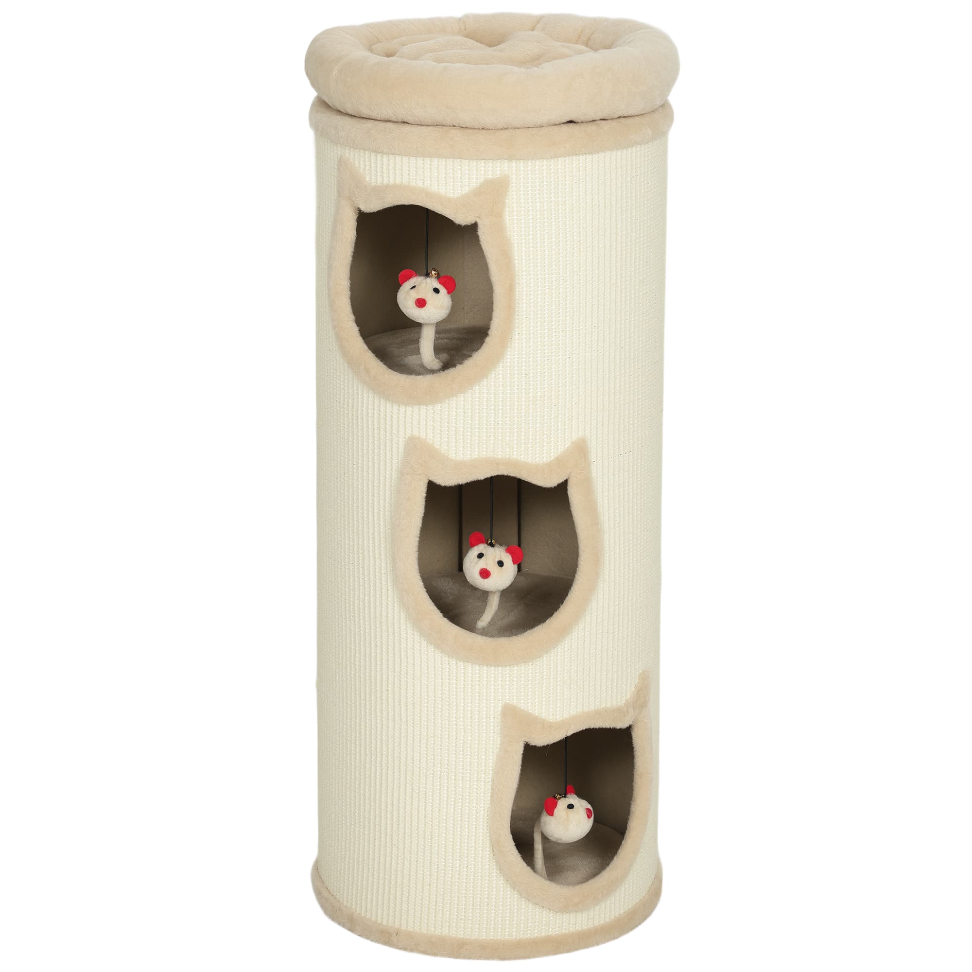 PawHut Tonneau à gratter, tour à griffer en sisal et bord en peluche, 3 niveaux avec plate-forme, stable, Ø 38 x 96 cm crème