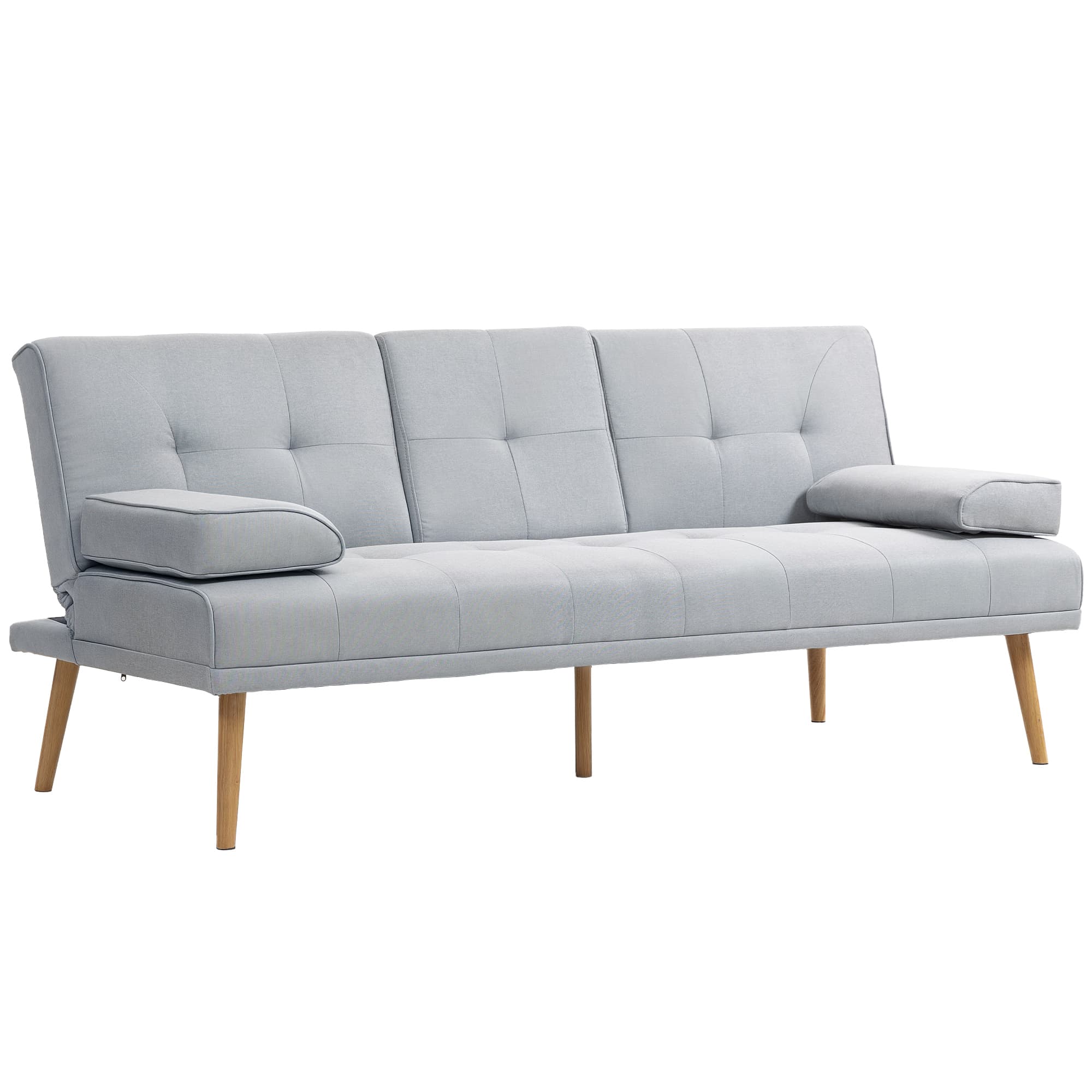 HOMCOM Canapé convertible 3 places design scandinave inclinaison dossier réglable 3 niveaux 2 porte-verres bois massif lin gris clair