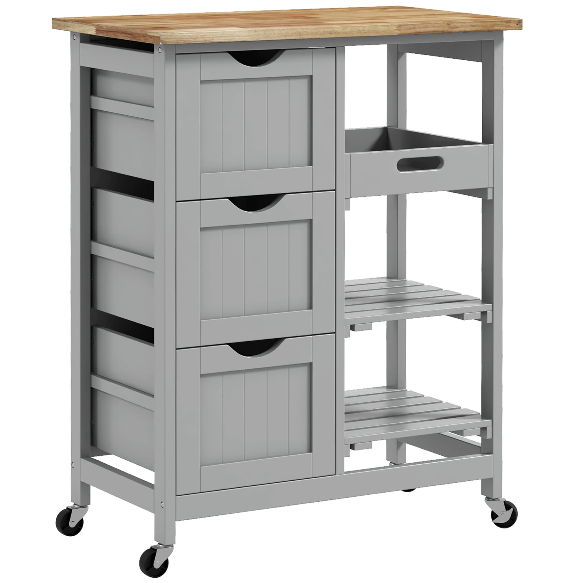 HOMCOM Chariot desserte de cuisine à roulettes plan de travail en bois 3 tiroirs et 1 plateau amovible 67 x 37 x 85,5 cm gris