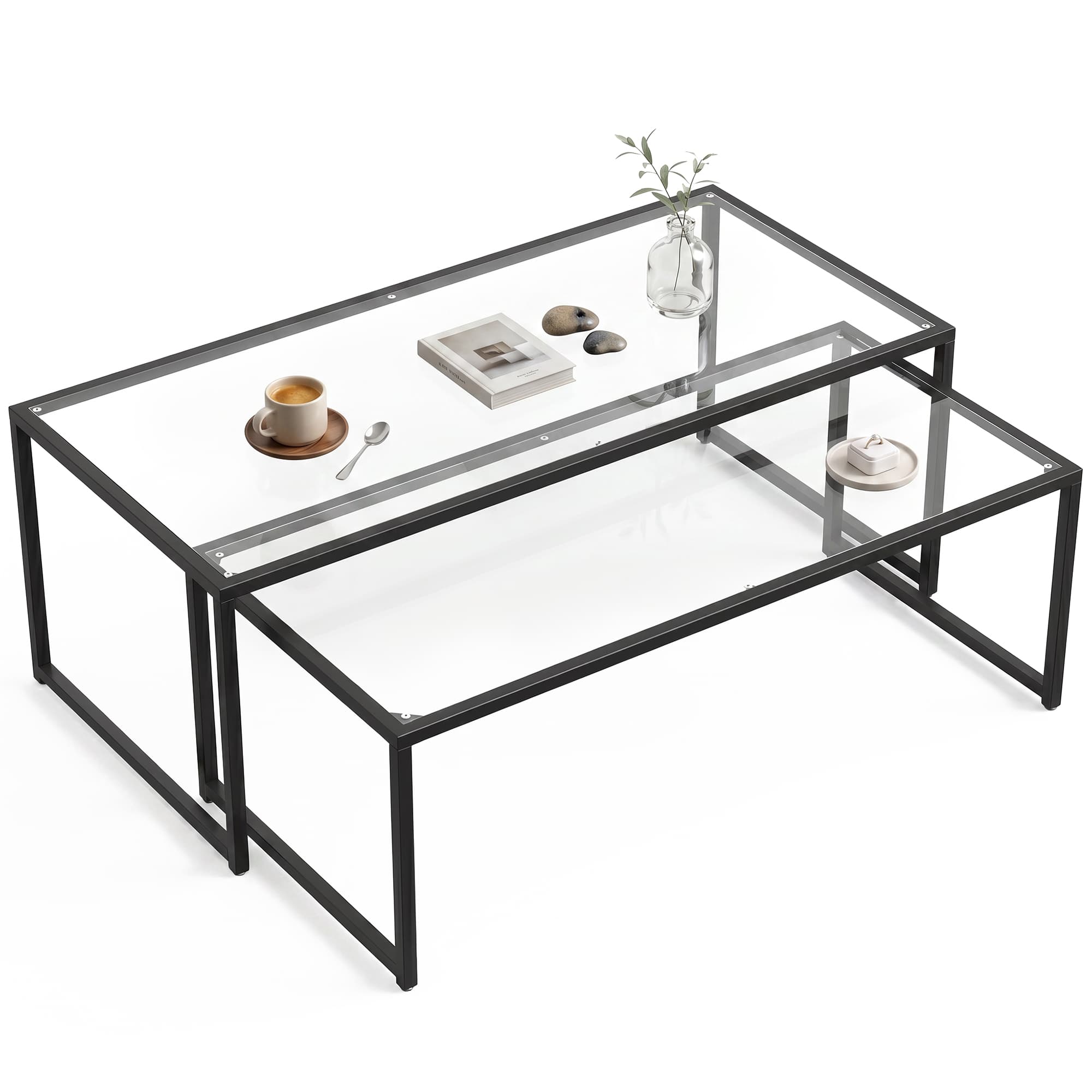 HOMCOM Lot de 2 tables basses gigognes tables de salon rectangulaires design en acier noir et plateaux en verre trempé